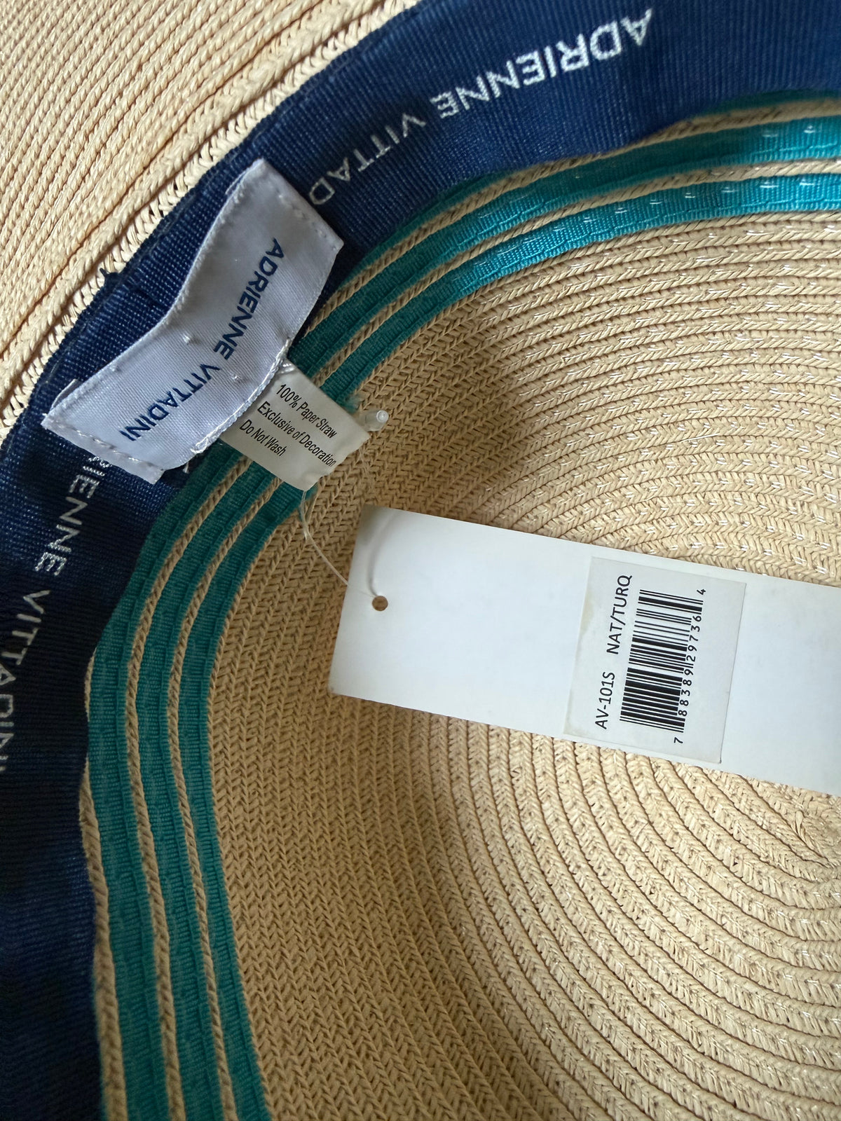 Adrienne Vittadini 100% Paper Straw Beige Floppy Sun Hat With Teal Weave