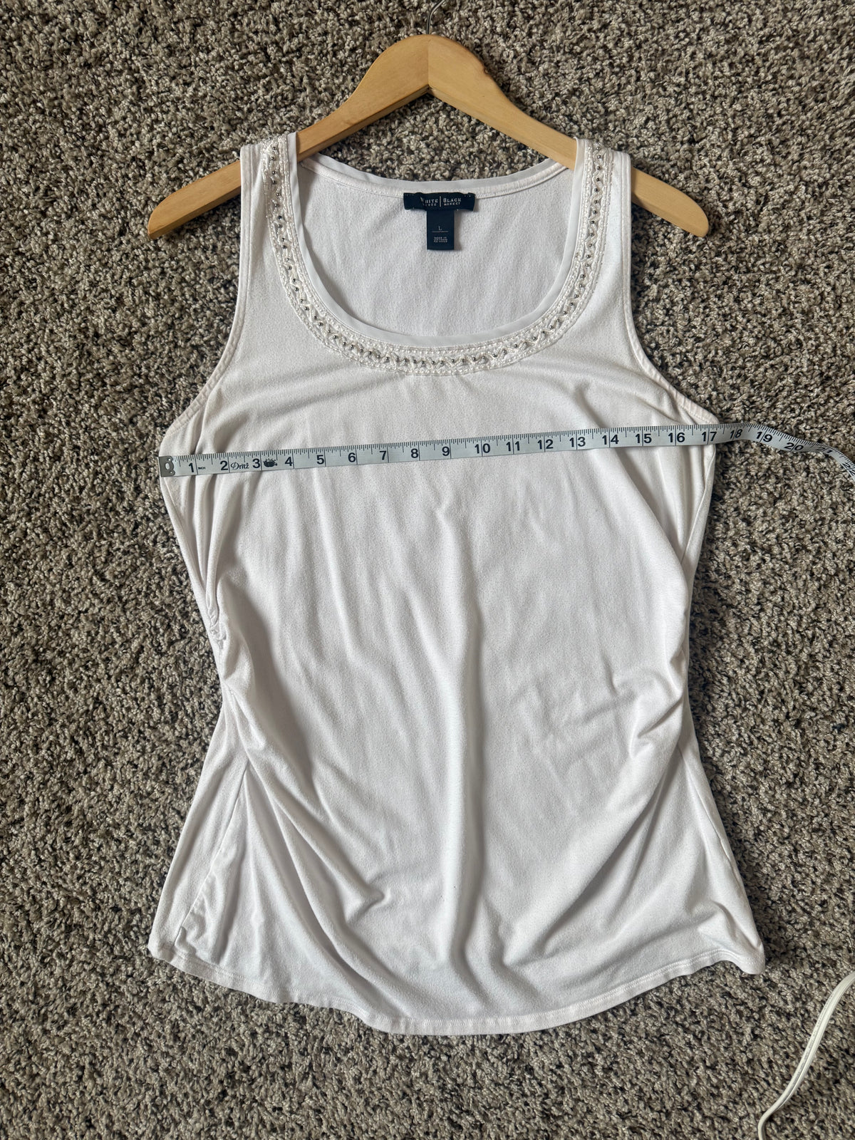 White House Black Market 57% Cotton 38% Modal 5% Spandex L White Tank Top With Beaded Neck Line