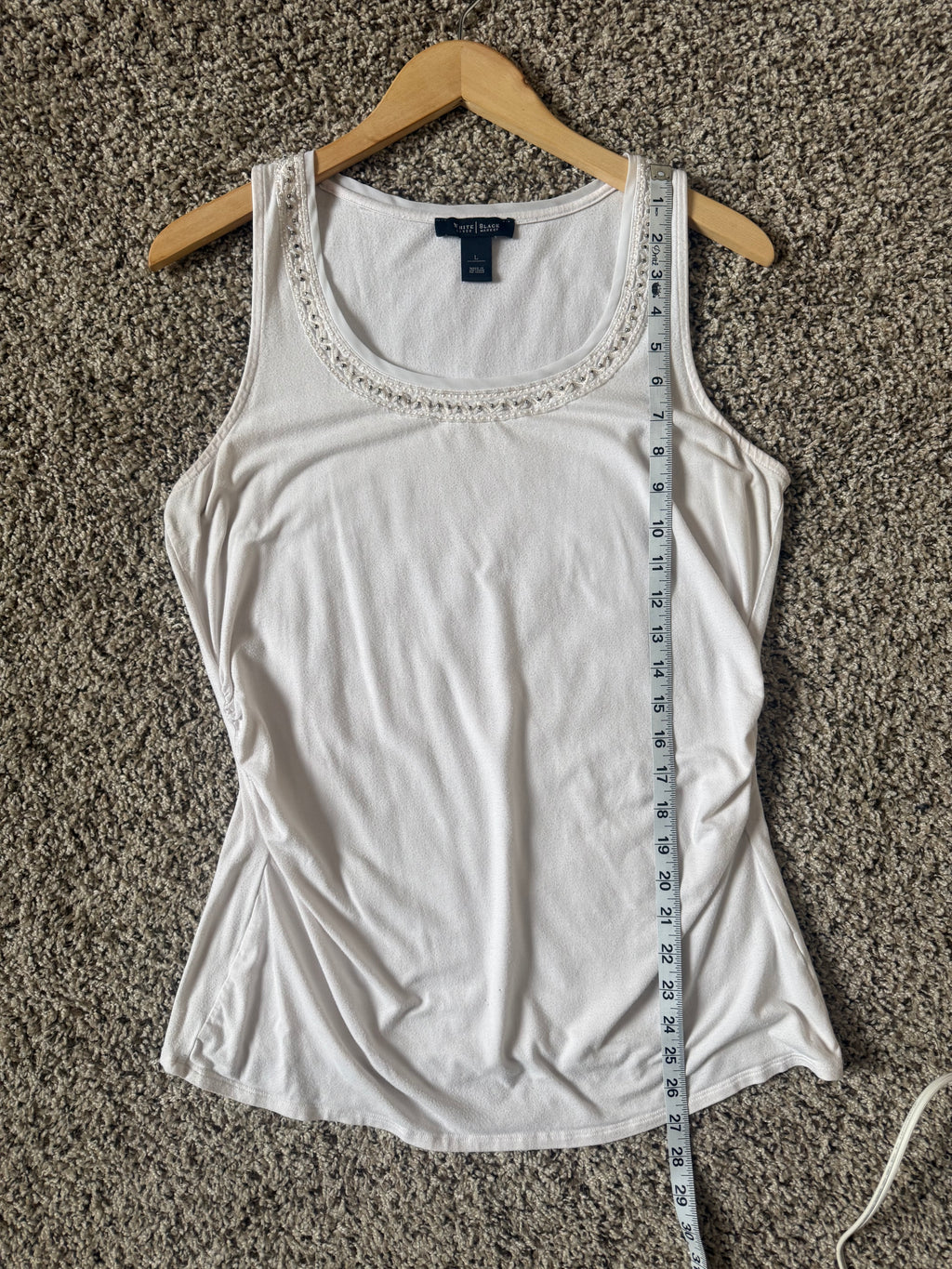White House Black Market 57% Cotton 38% Modal 5% Spandex L White Tank Top With Beaded Neck Line
