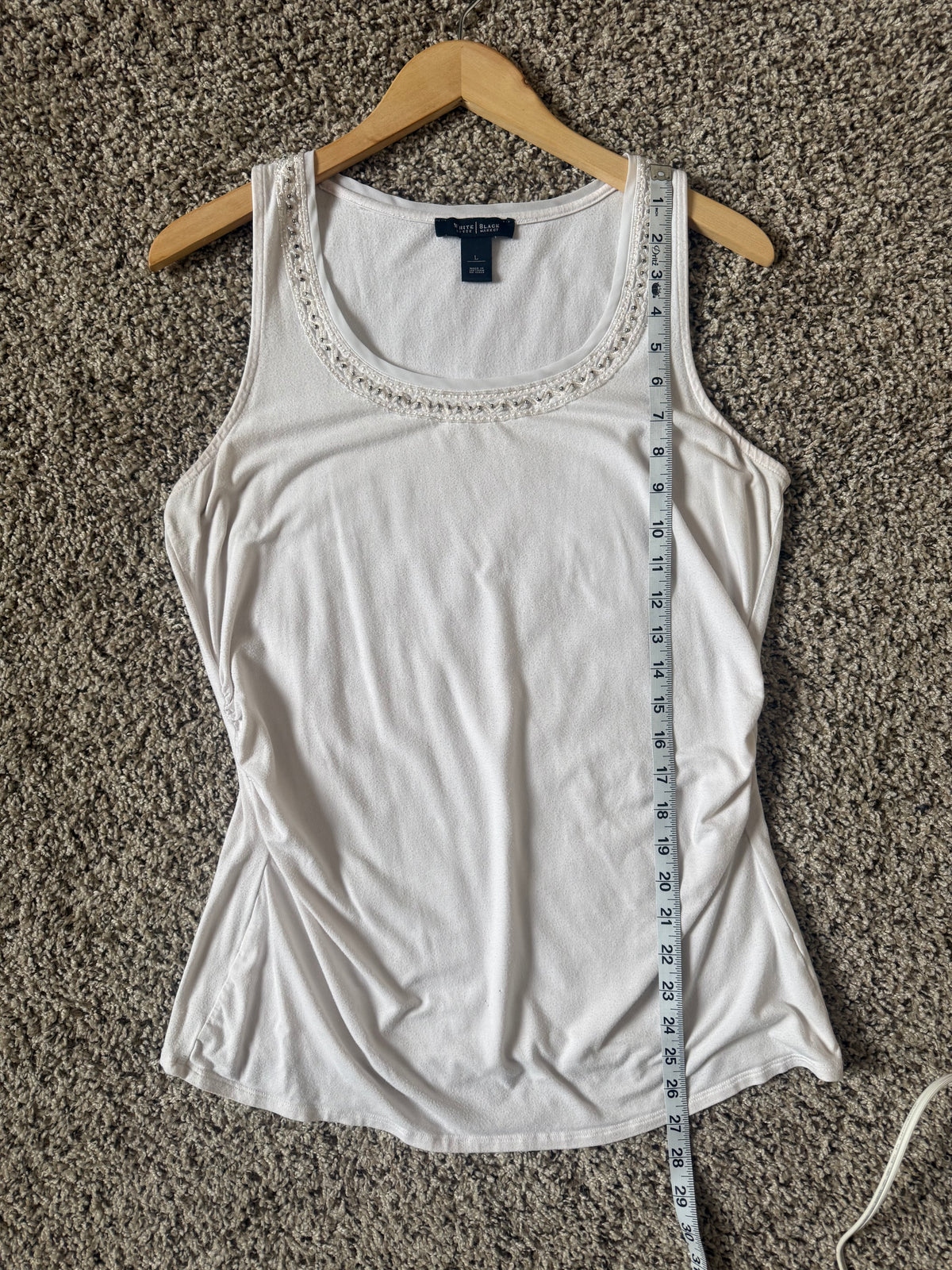 White House Black Market 57% Cotton 38% Modal 5% Spandex L White Tank Top With Beaded Neck Line