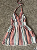 American Eagle 88% Cotton 12% Linen S Pastel Pink Teal and Navy Striped Halter V-Neck Summer Dress