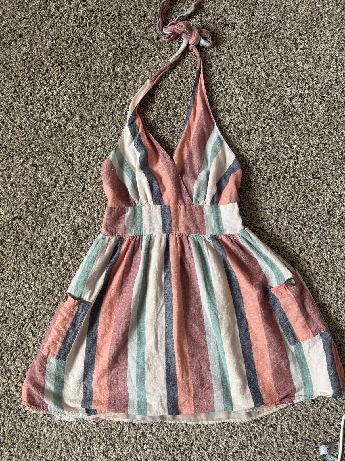American Eagle 88% Cotton 12% Linen S Pastel Pink Teal and Navy Striped Halter V-Neck Summer Dress