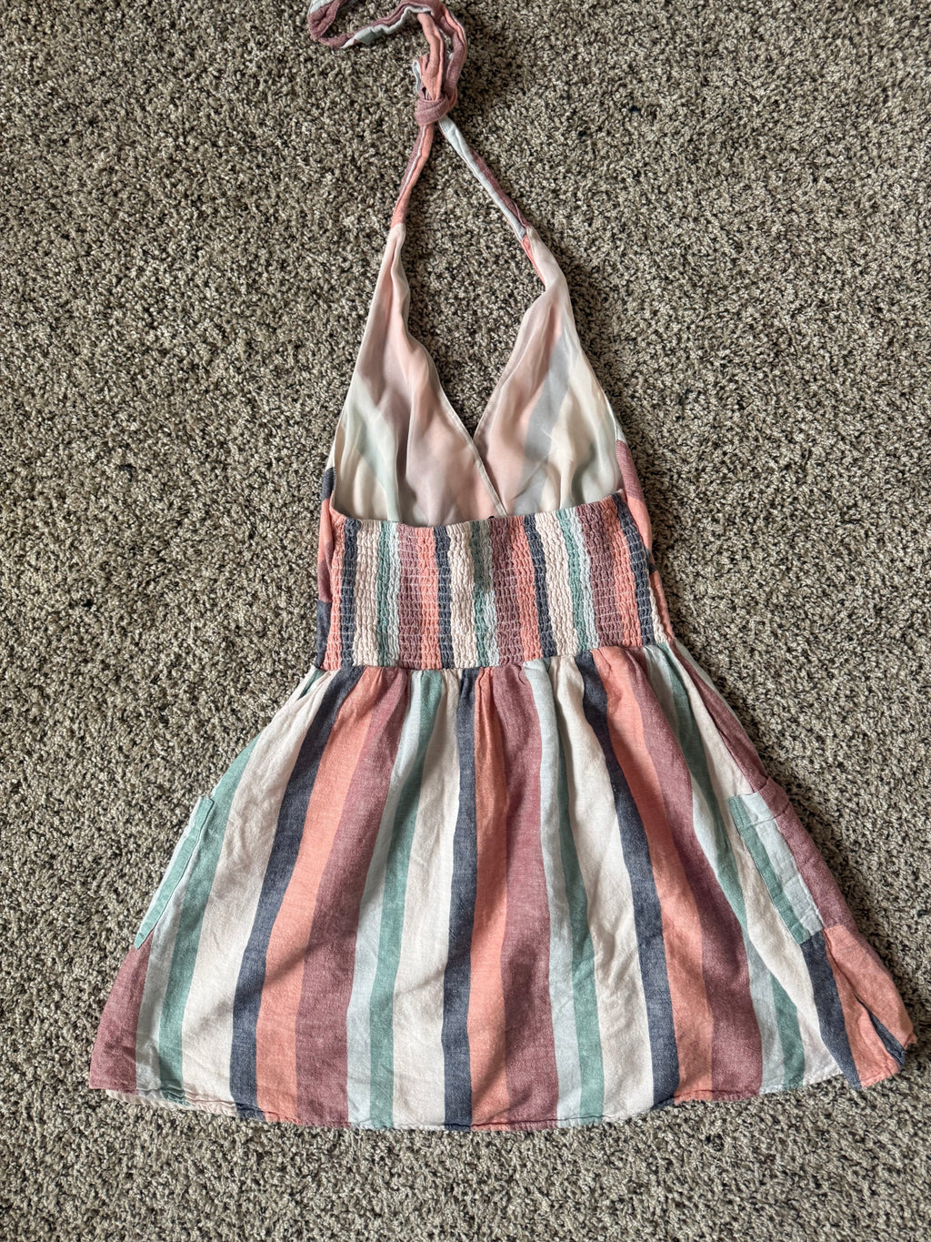 American Eagle 88% Cotton 12% Linen S Pastel Pink Teal and Navy Striped Halter V-Neck Summer Dress