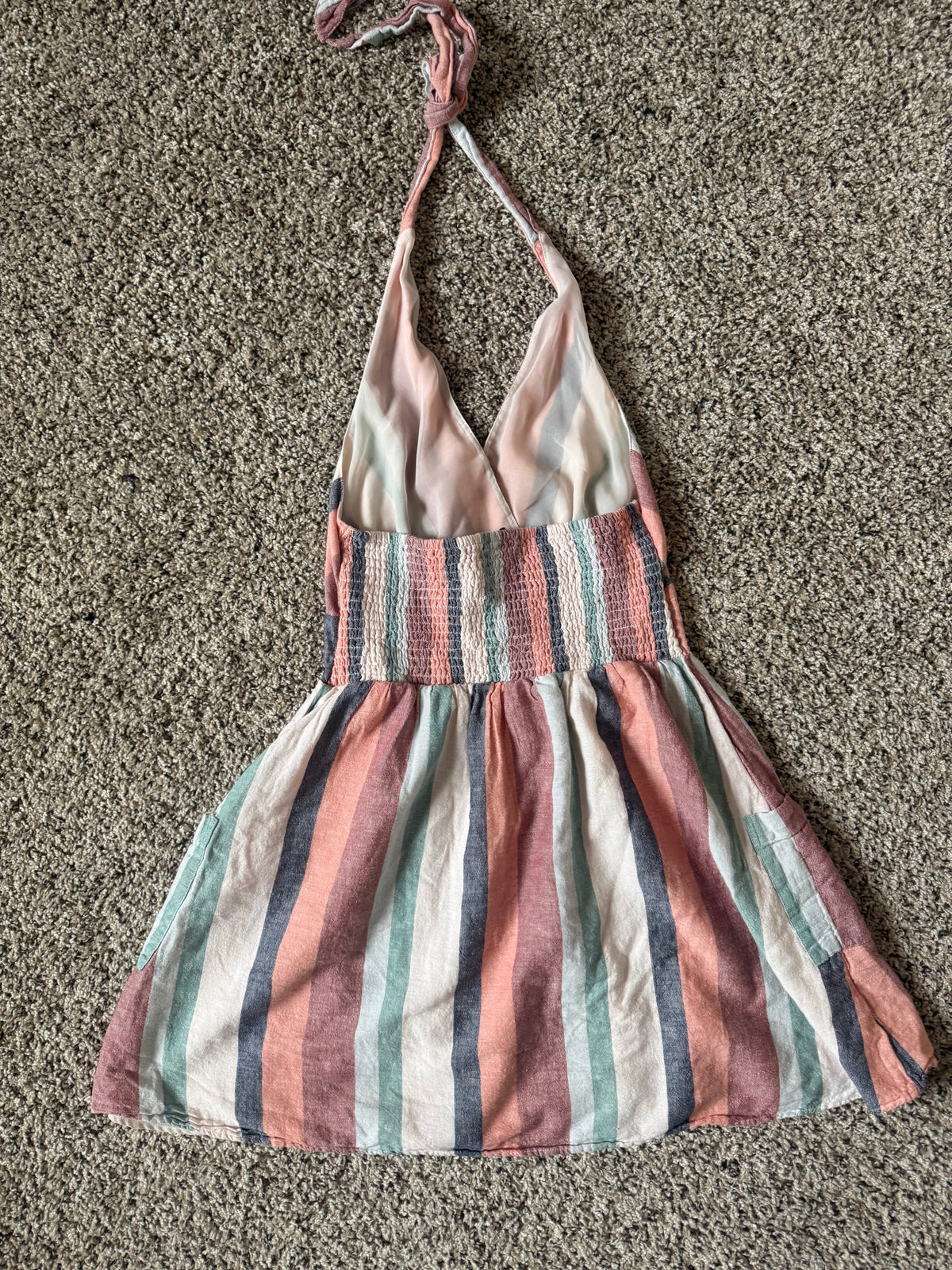 American Eagle 88% Cotton 12% Linen S Pastel Pink Teal and Navy Striped Halter V-Neck Summer Dress