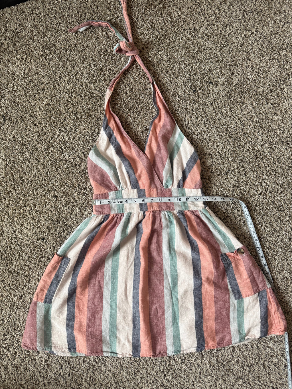 American Eagle 88% Cotton 12% Linen S Pastel Pink Teal and Navy Striped Halter V-Neck Summer Dress