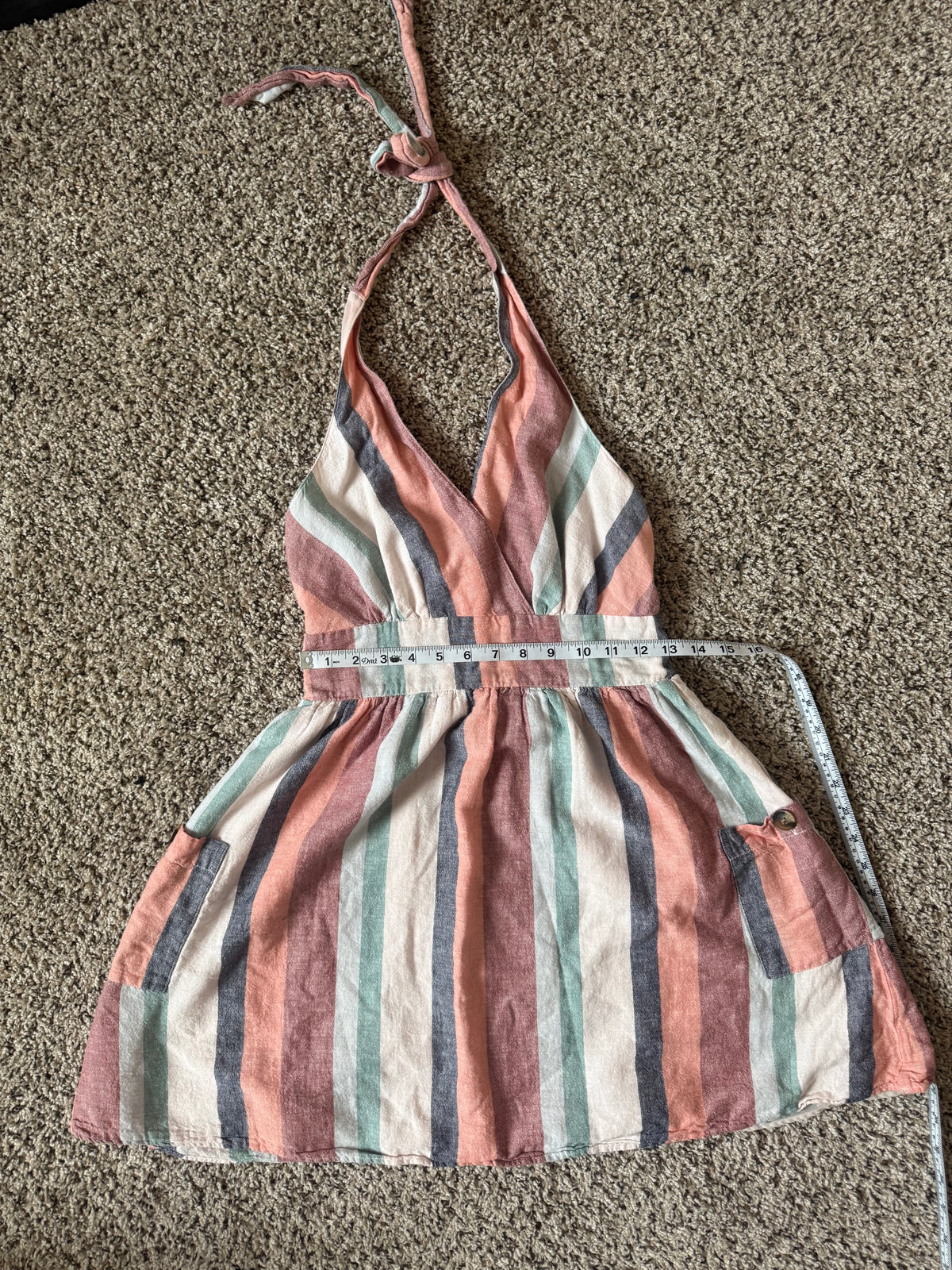American Eagle 88% Cotton 12% Linen S Pastel Pink Teal and Navy Striped Halter V-Neck Summer Dress