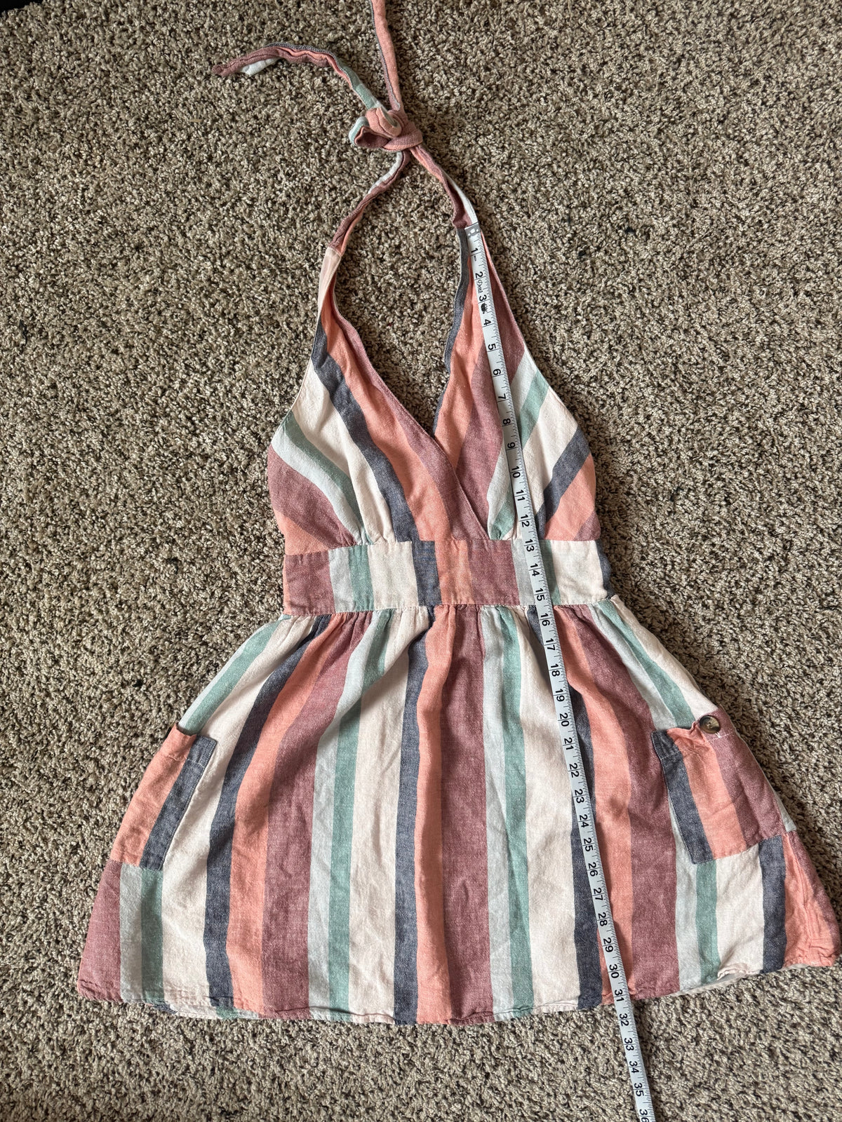 American Eagle 88% Cotton 12% Linen S Pastel Pink Teal and Navy Striped Halter V-Neck Summer Dress