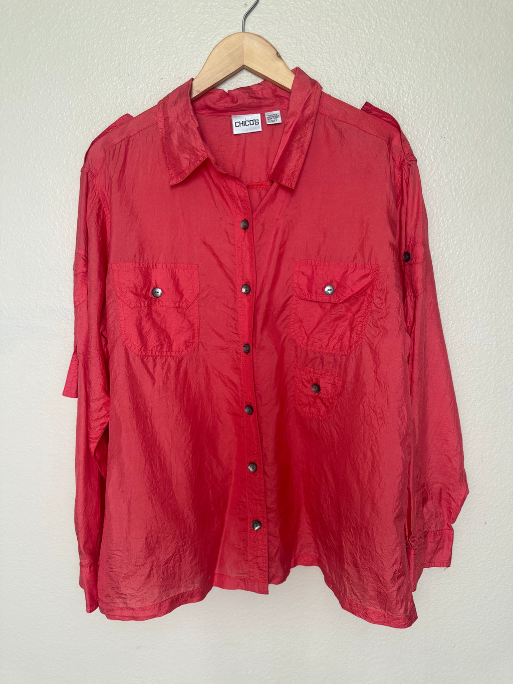 Chico's 100% Silk Size 3 Bright Coral Long Sleeve Button Down