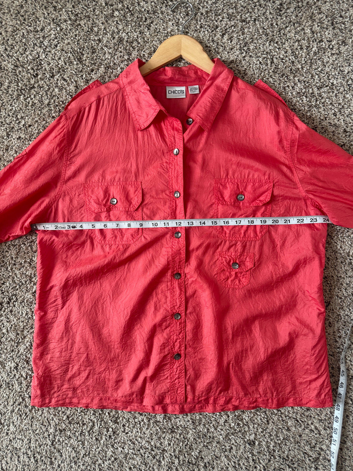 Chico's 100% Silk Size 3 Bright Coral Long Sleeve Button Down