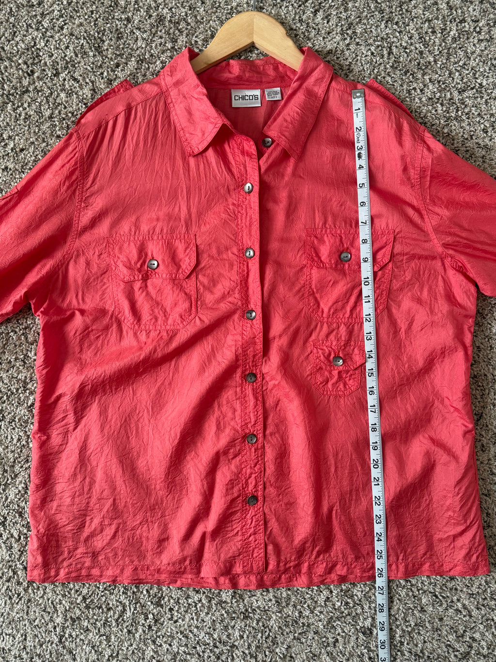 Chico's 100% Silk Size 3 Bright Coral Long Sleeve Button Down