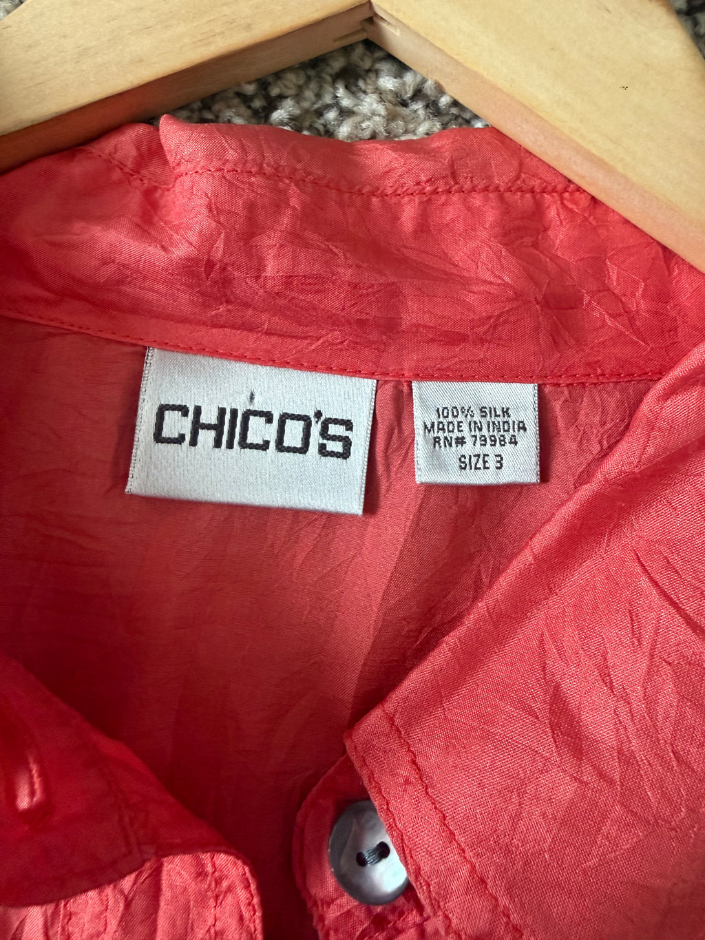 Chico's 100% Silk Size 3 Bright Coral Long Sleeve Button Down