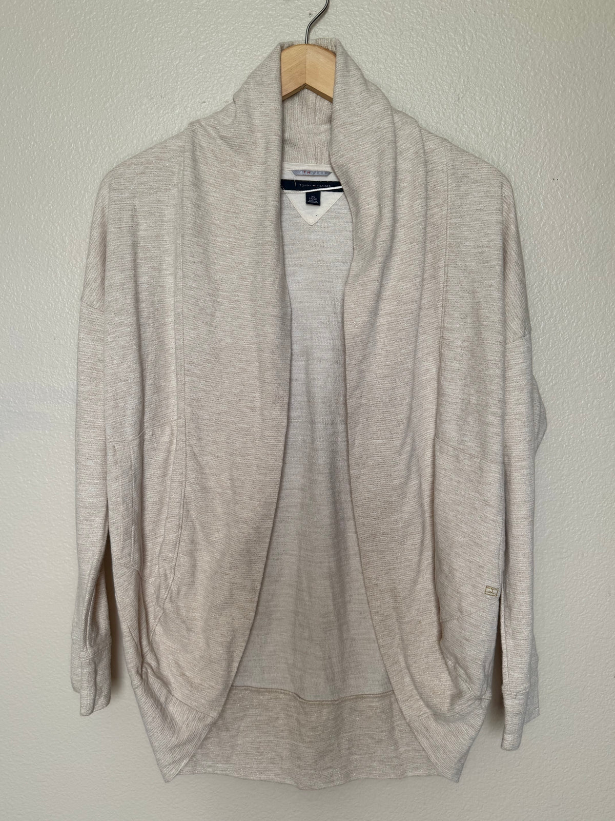 Tommy Hilfiger Athluxe 94% Cotton 6% Other Fibers XS Off-White and Gold Metallic Sparkly Long Sleeve Cardigan