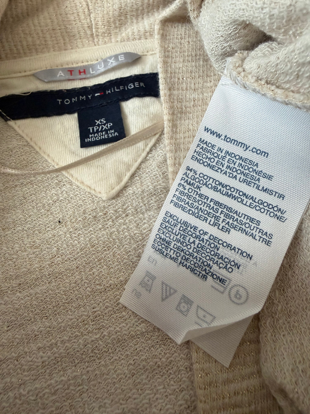 Tommy Hilfiger Athluxe 94% Cotton 6% Other Fibers XS Off-White and Gold Metallic Sparkly Long Sleeve Cardigan