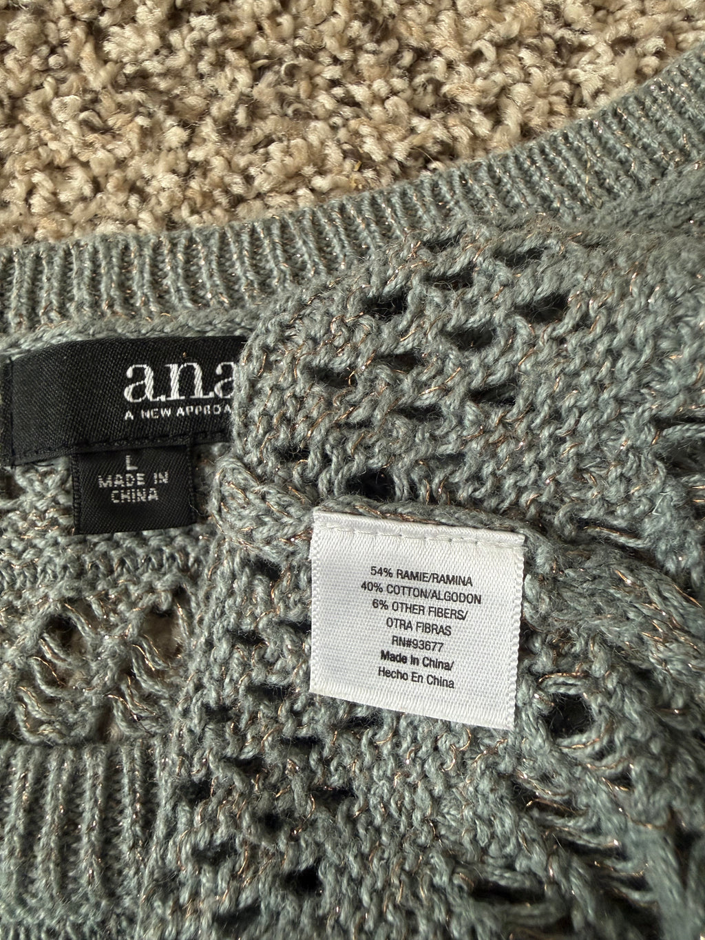 A.N.A 54% Ramie 40% Cotton 6% Other Fibers L Grey with Gold Metallic Sparkly Sweater