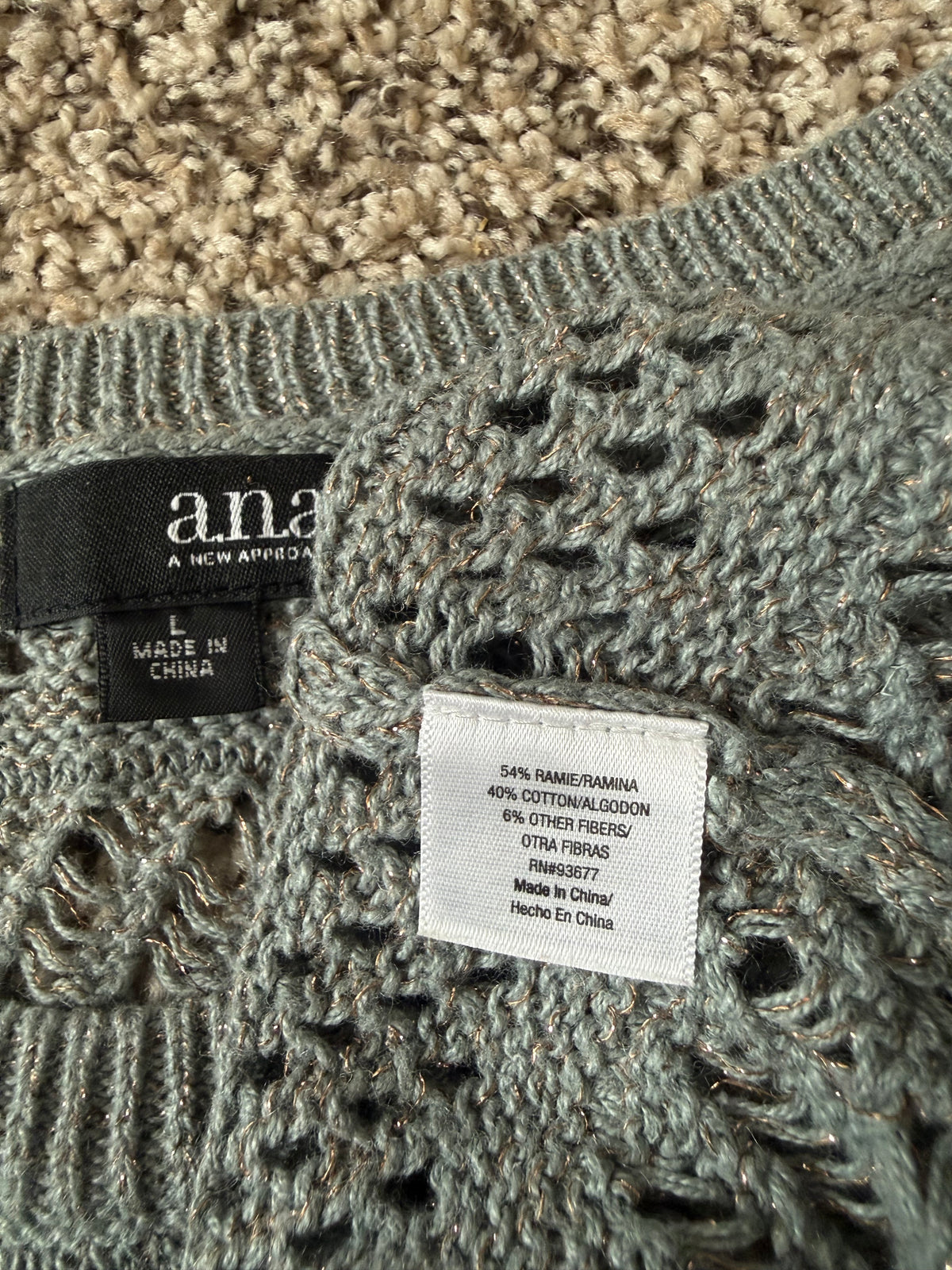 A.N.A 54% Ramie 40% Cotton 6% Other Fibers L Grey with Gold Metallic Sparkly Sweater
