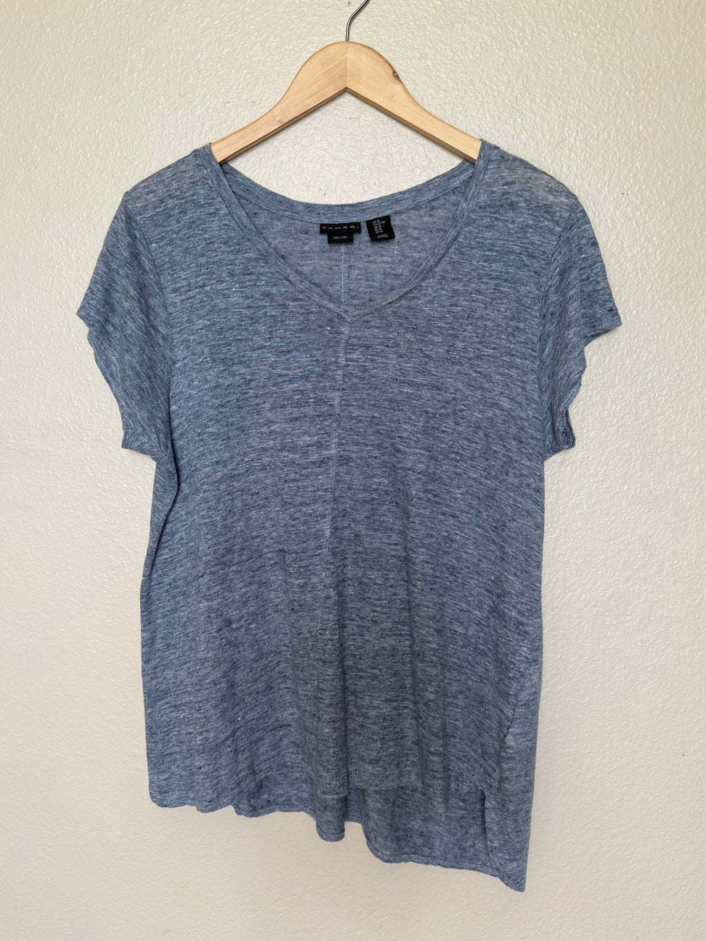 Tahari 100% Linen XL Denim-Blue Short Sleeve Crew Neck