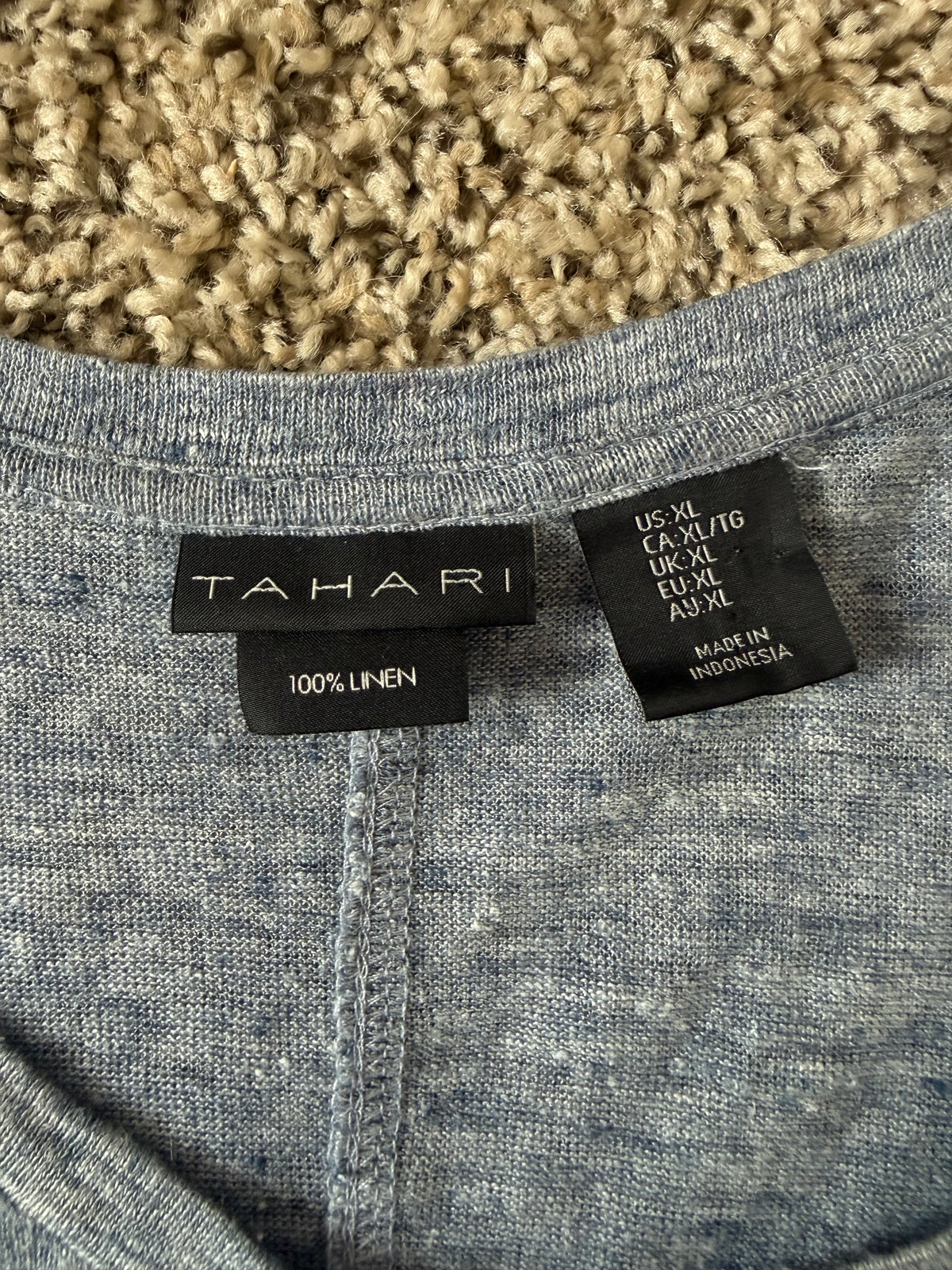 Tahari 100% Linen XL Denim-Blue Short Sleeve Crew Neck