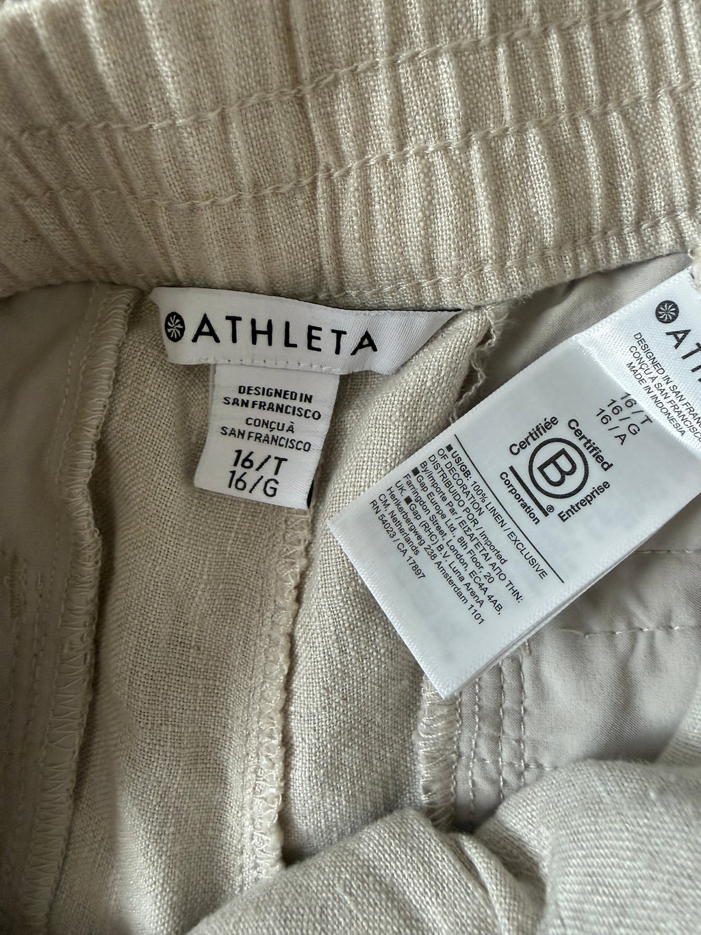 Athleta 100% Linen Size 16 Beige Joggers with Side Cinches