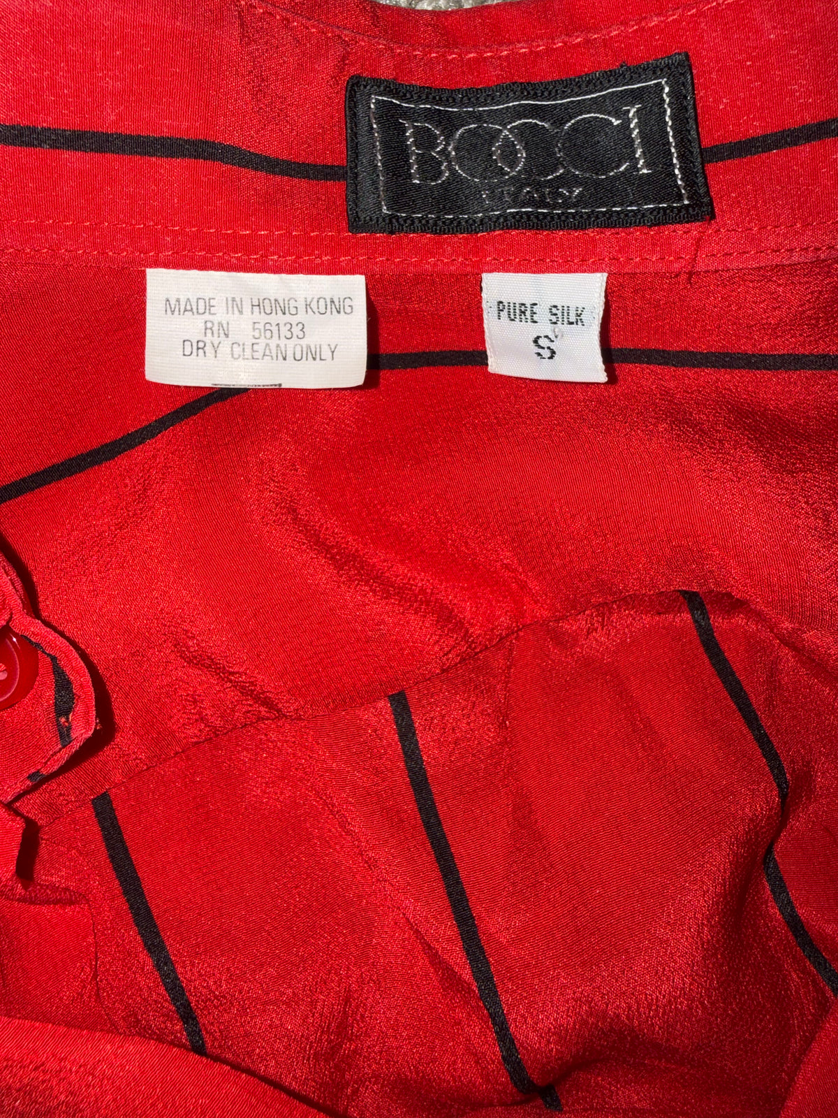 Bocci Italy 100% Pure Silk S Red With Vertical Black Stripes Long Sleeve Button Down
