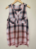 Sonoma 100% Cotton L Plaid Pink and Navy Blue Pocket Tank Top