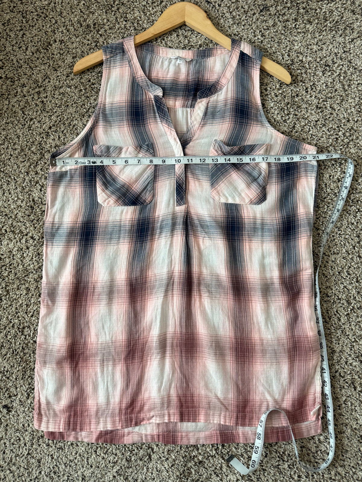 Sonoma 100% Cotton L Plaid Pink and Navy Blue Pocket Tank Top