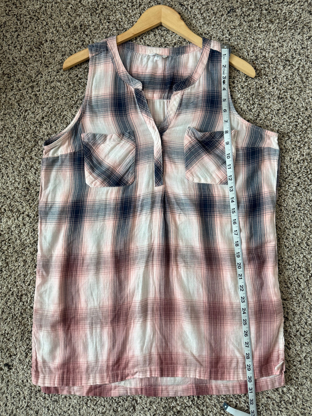 Sonoma 100% Cotton L Plaid Pink and Navy Blue Pocket Tank Top