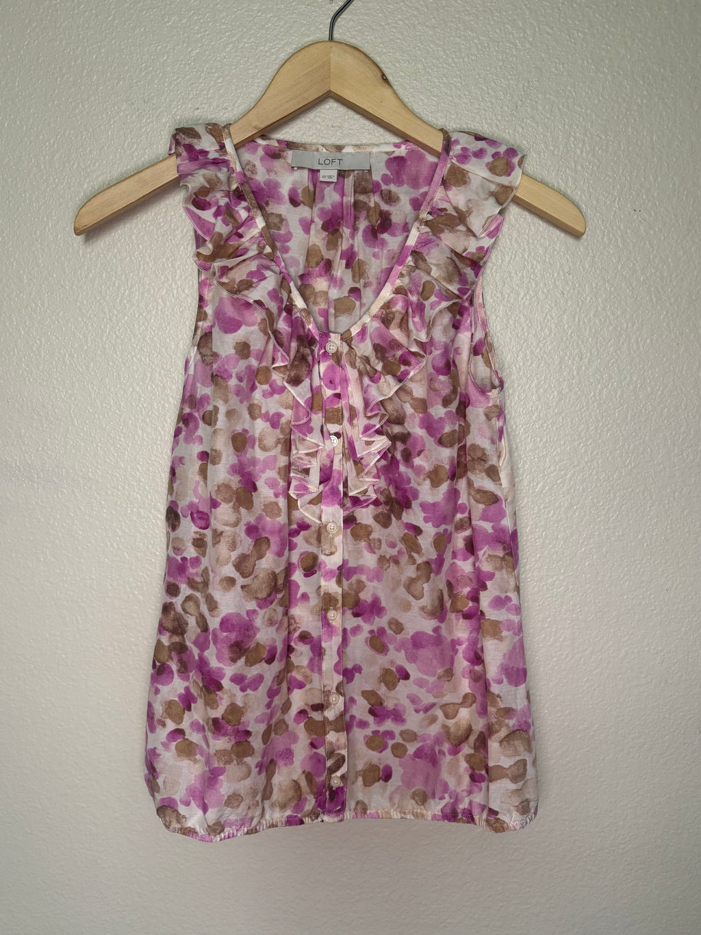 Loft 70% Cotton 30% Silk XS Pink and Brown Dotted Tank Top