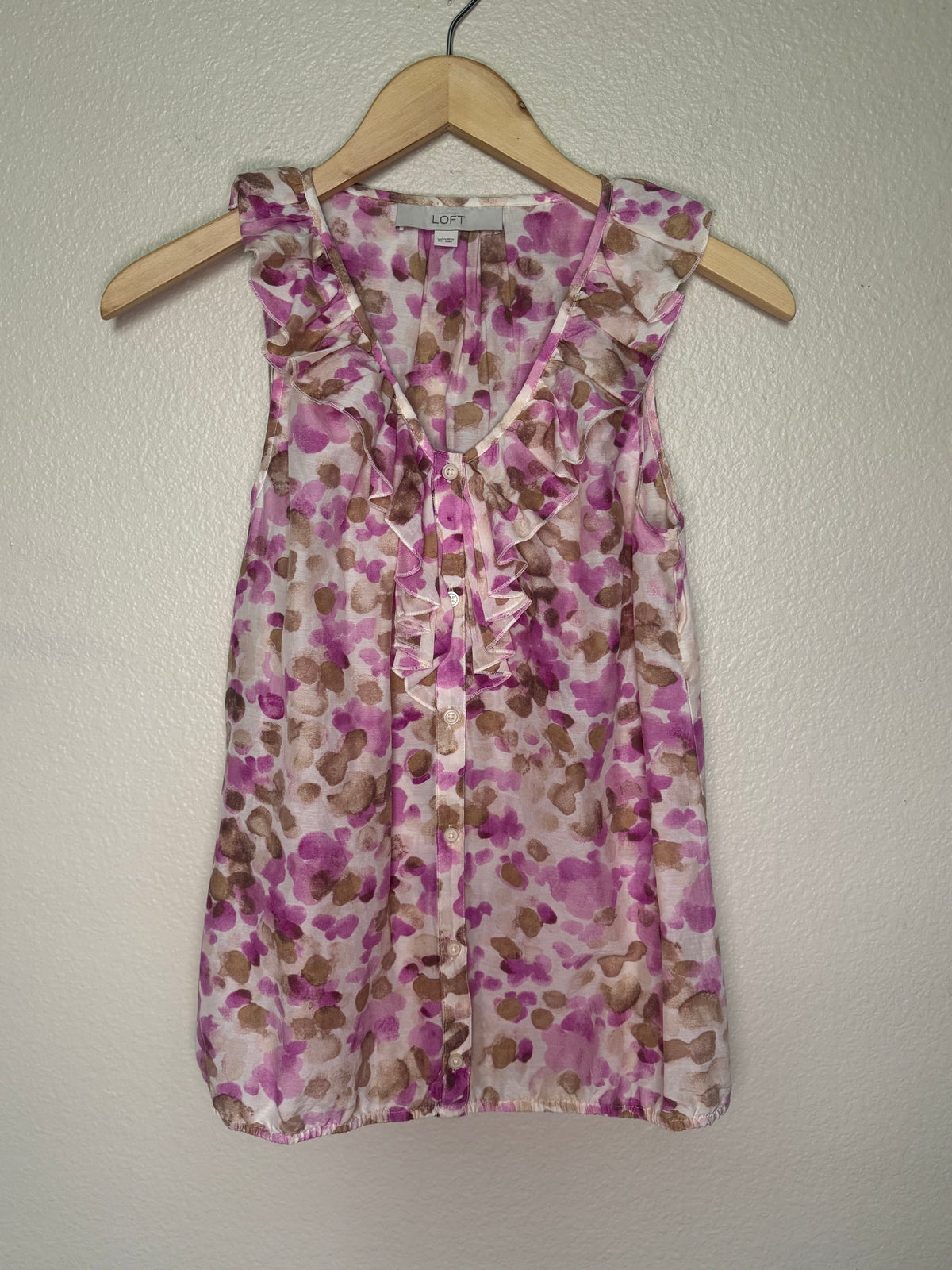 Loft 70% Cotton 30% Silk XS Pink and Brown Dotted Tank Top