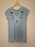 Cupio 92% Viscose 8% Spandex M Light Blue Short Sleeve With Flower Embroidery