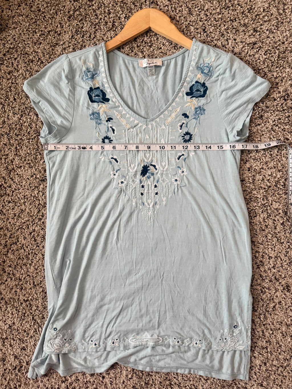 Cupio 92% Viscose 8% Spandex M Light Blue Short Sleeve With Flower Embroidery