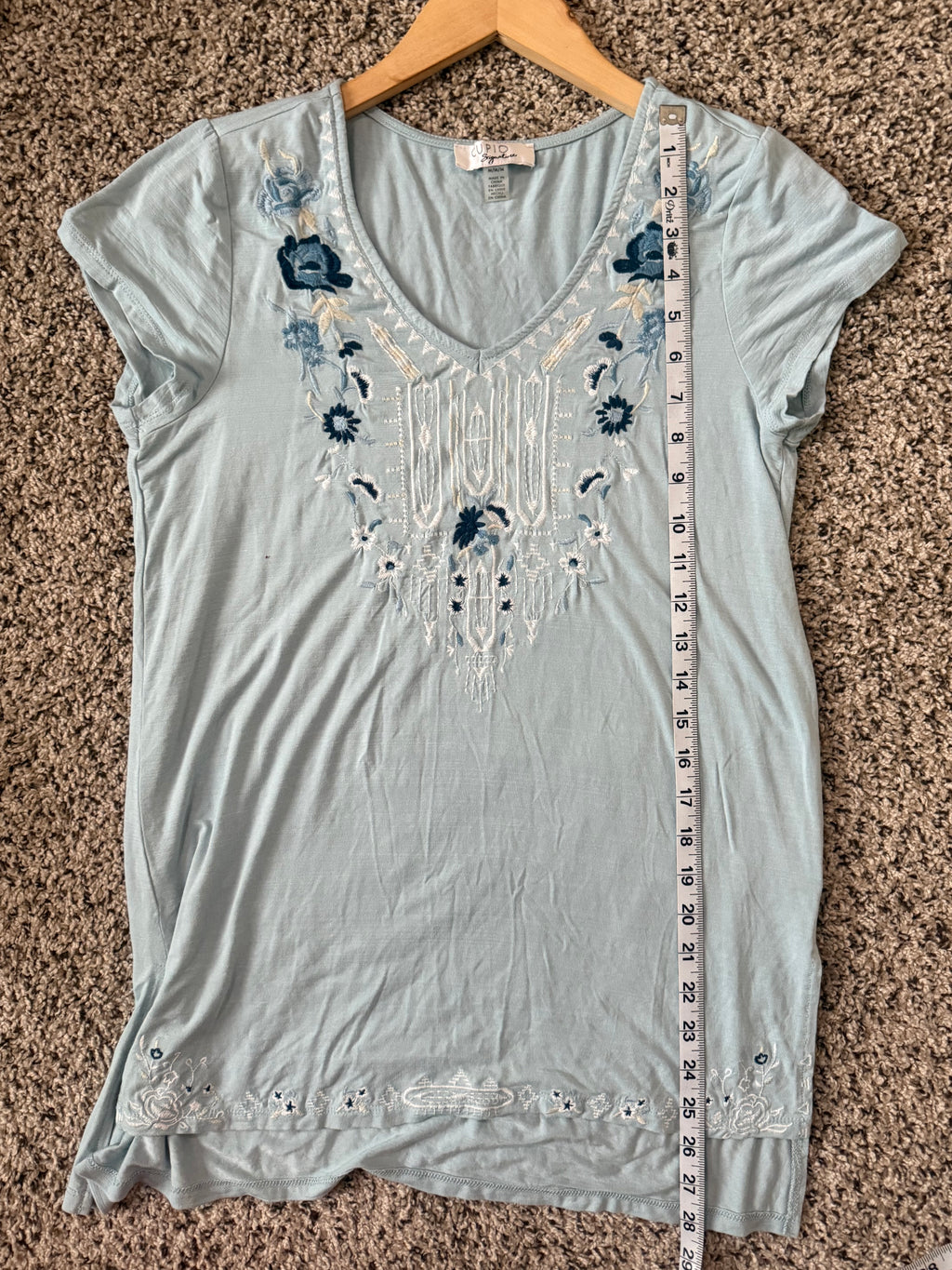 Cupio 92% Viscose 8% Spandex M Light Blue Short Sleeve With Flower Embroidery