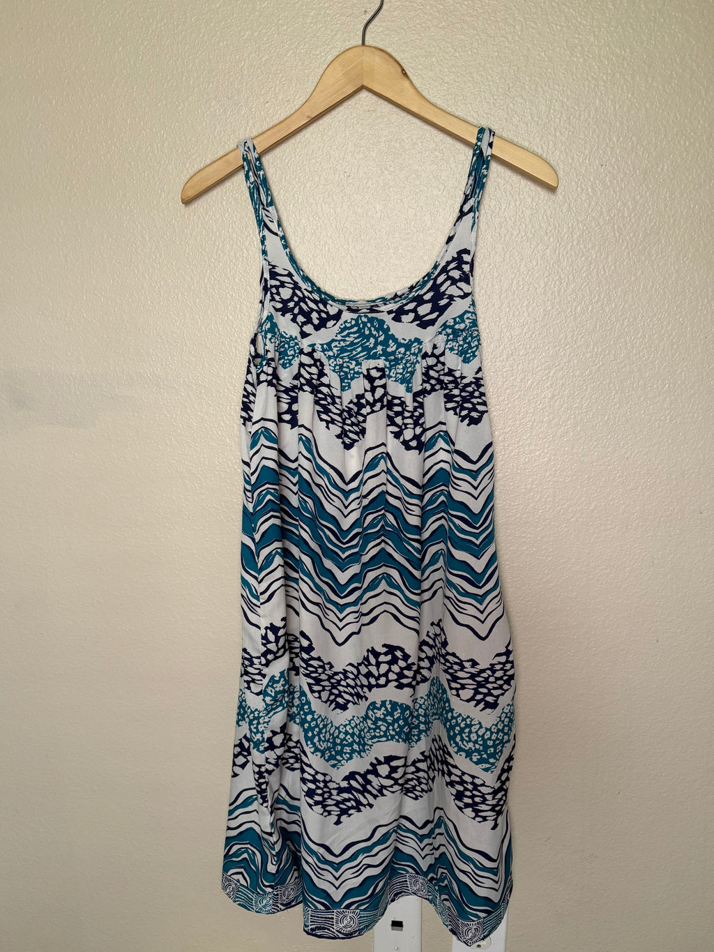 Pacific Glory 100% Viscose L Teal Navy Blue and White Spaghetti Strap Dress