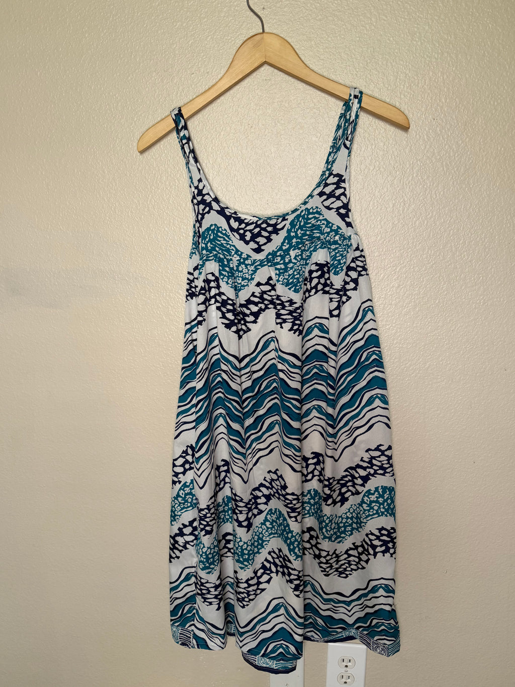 Pacific Glory 100% Viscose L Teal Navy Blue and White Spaghetti Strap Dress