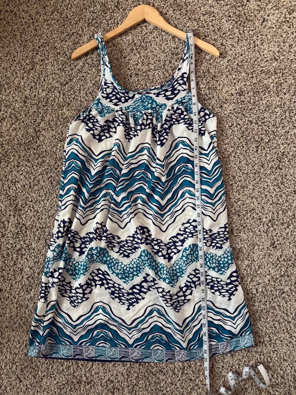 Pacific Glory 100% Viscose L Teal Navy Blue and White Spaghetti Strap Dress