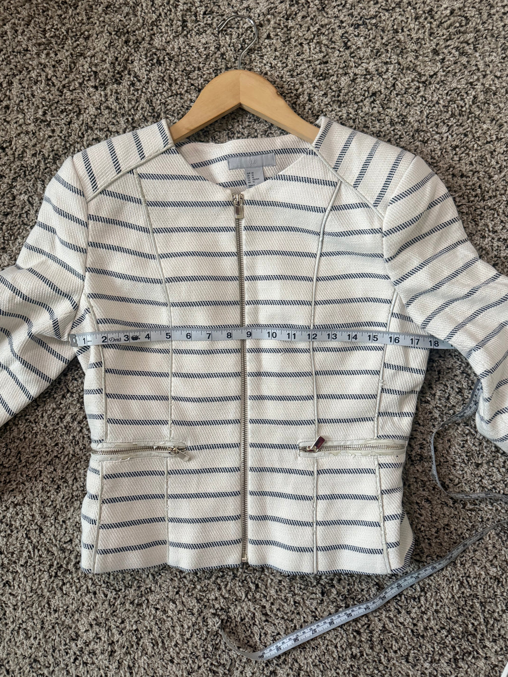 H&M 97% Cotton 3% Polyester Size 10 White and Black Striped Blazer
