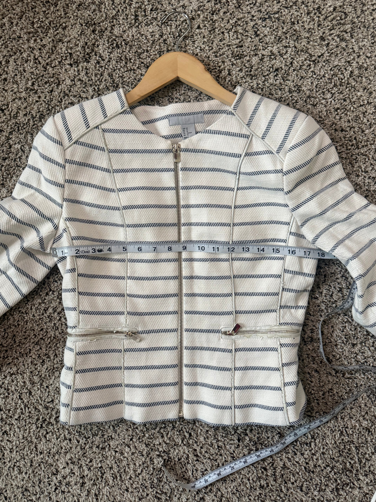 H&M 97% Cotton 3% Polyester Size 10 White and Black Striped Blazer