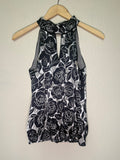 White House Black Market 73% Rayon 27% Silk S White with Black Flower High Neck Halter Tank Top