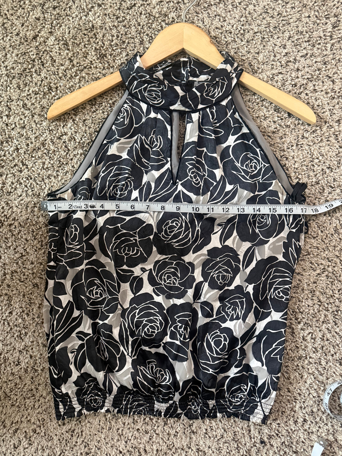 White House Black Market 73% Rayon 27% Silk S White with Black Flower High Neck Halter Tank Top