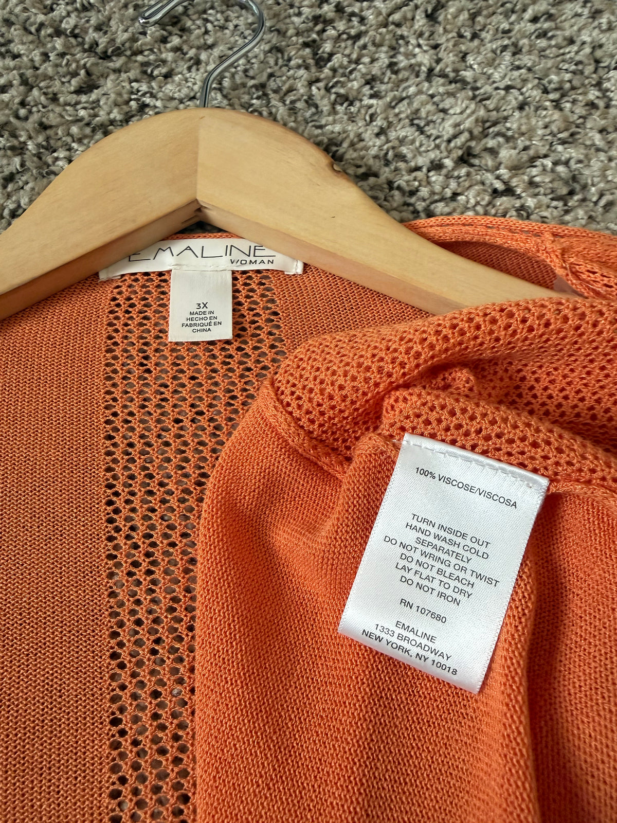 Emaline Woman 100% Viscose 3X Orange Mesh Long Sleeve Cardigan