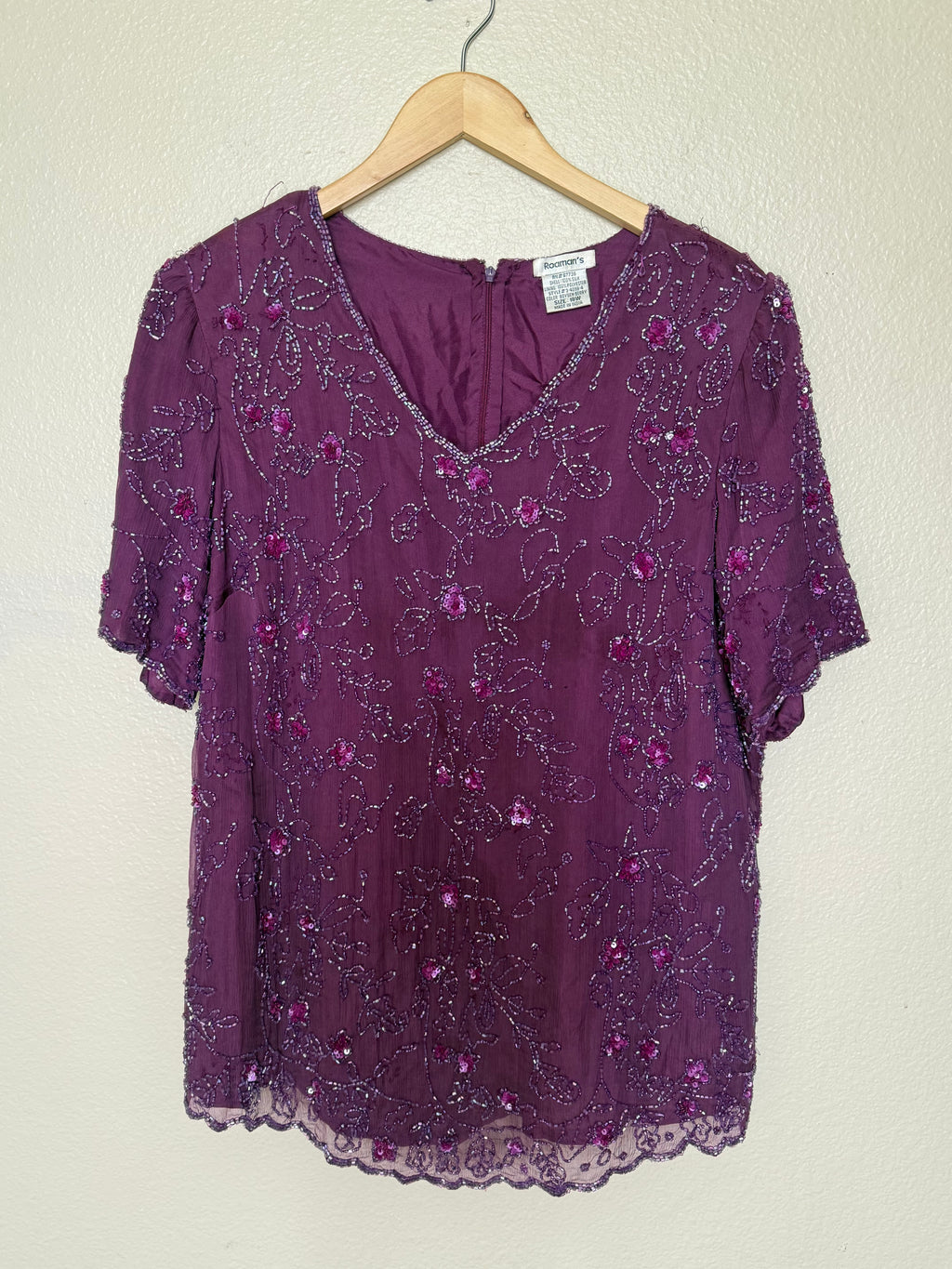 Roaman's 100% Silk Size 18 Purple Beaded Short Sleeve