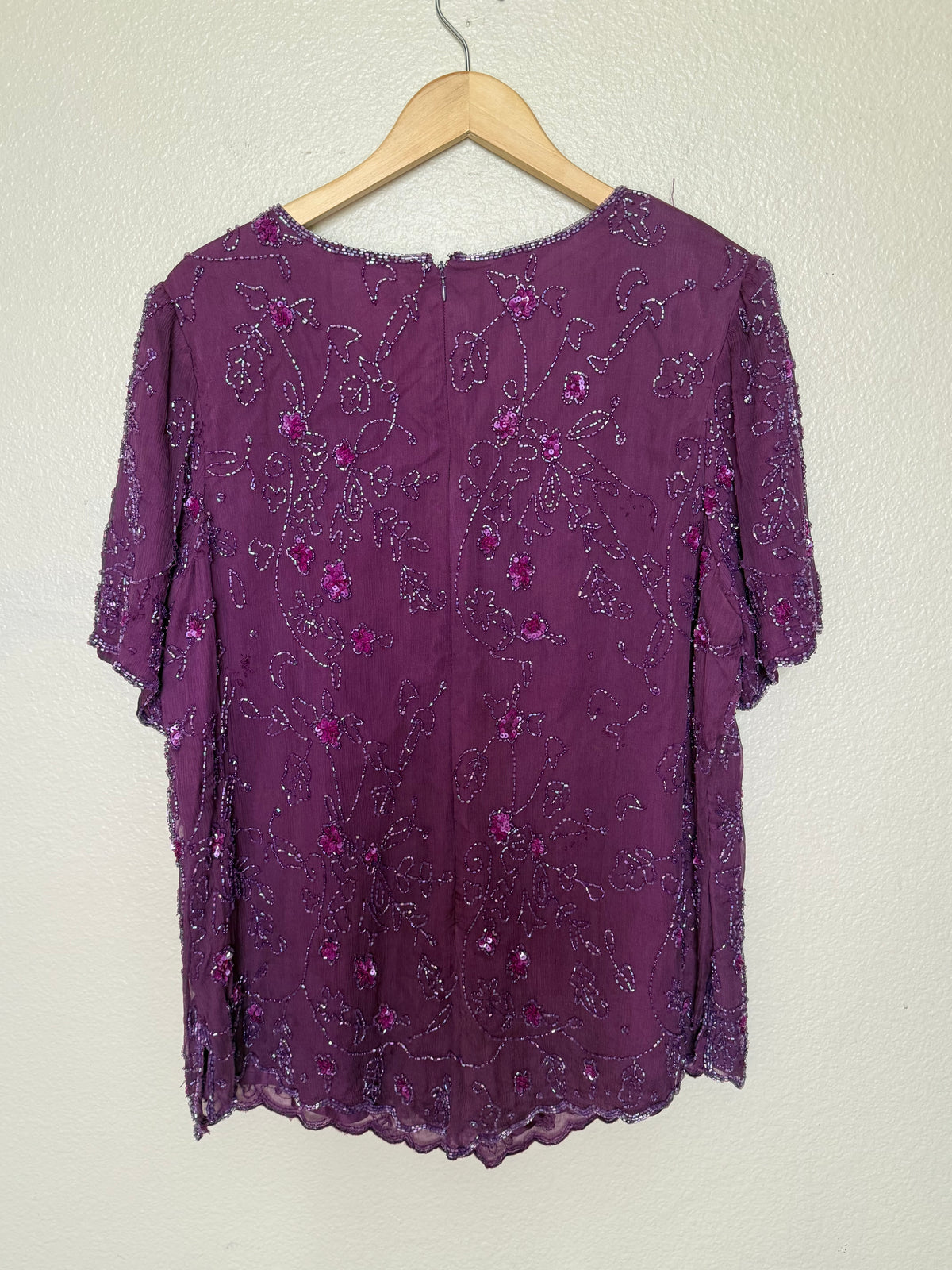 Roaman's 100% Silk Size 18 Purple Beaded Short Sleeve