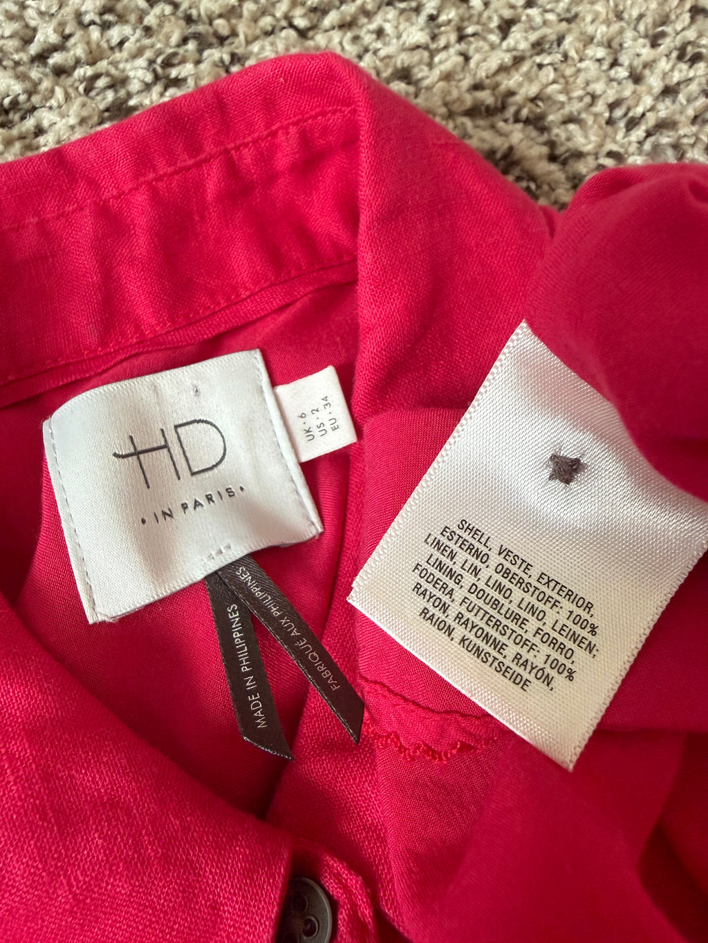 HD in Paris 100% Linen (100% Rayon Lining) Size 2 Fuchsia Collared Button Down Midi Dress