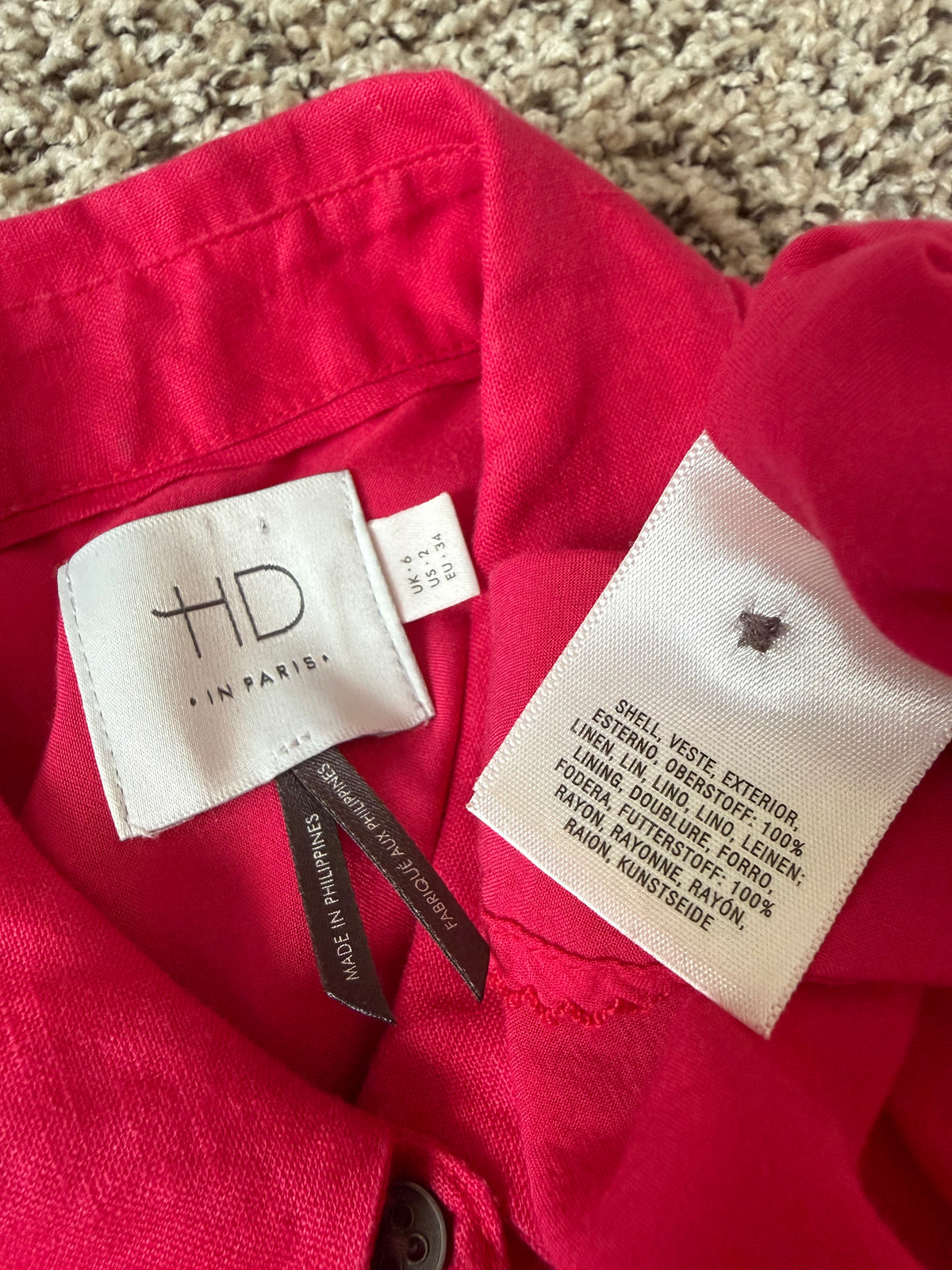 HD in Paris 100% Linen (100% Rayon Lining) Size 2 Fuchsia Collared Button Down Midi Dress