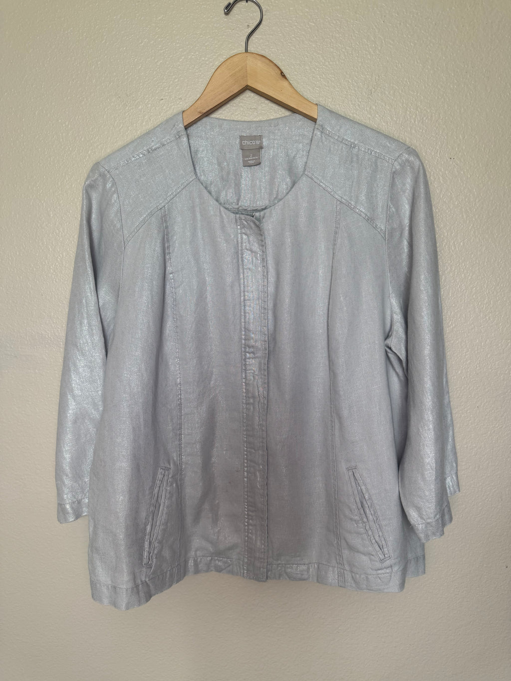 Chico's 100% Linen Size 2 (L, Size 12) Metallic Beige Zip Up Jacket