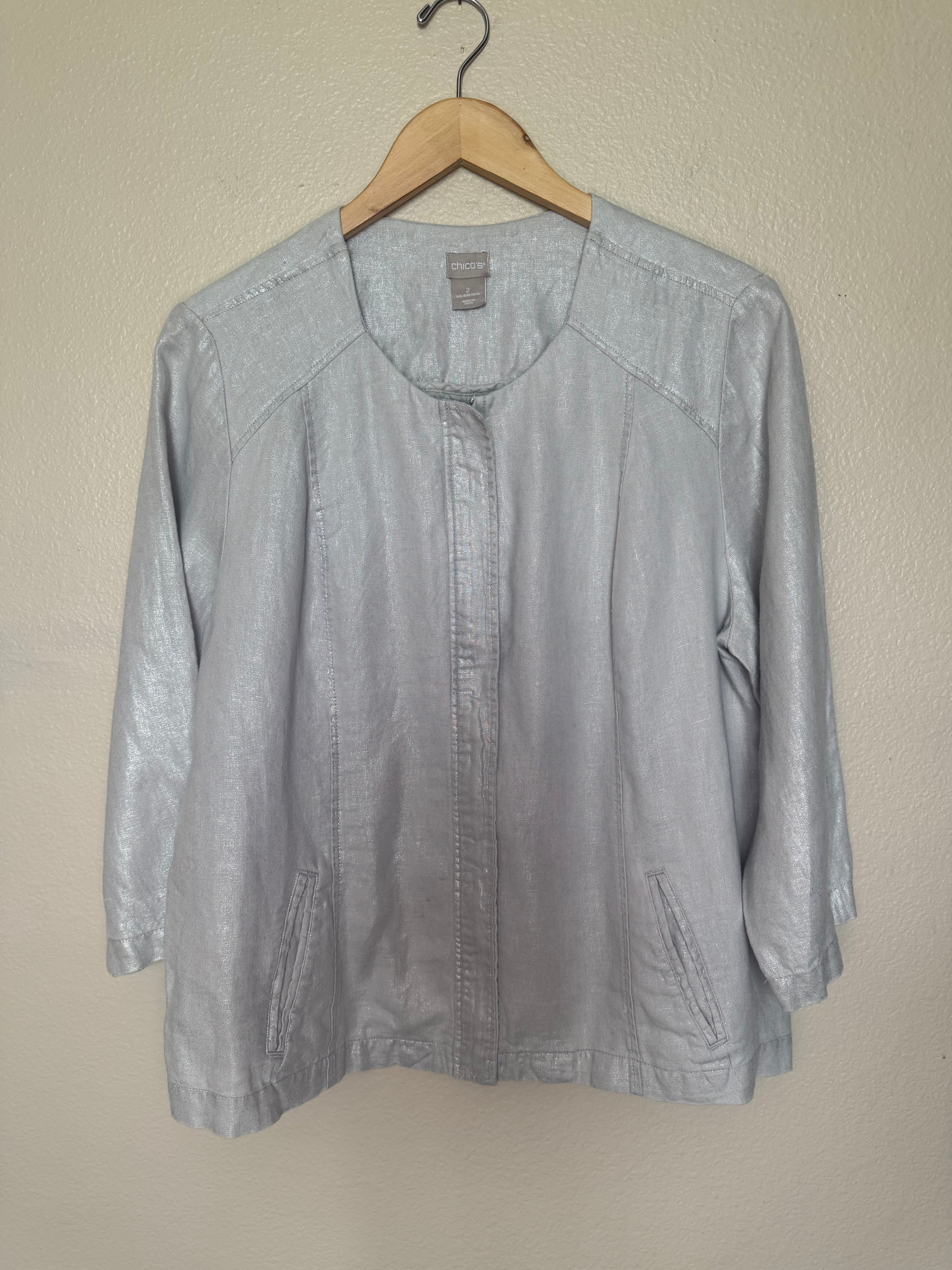 Chico's 100% Linen Size 2 (L, Size 12) Metallic Beige Zip Up Jacket