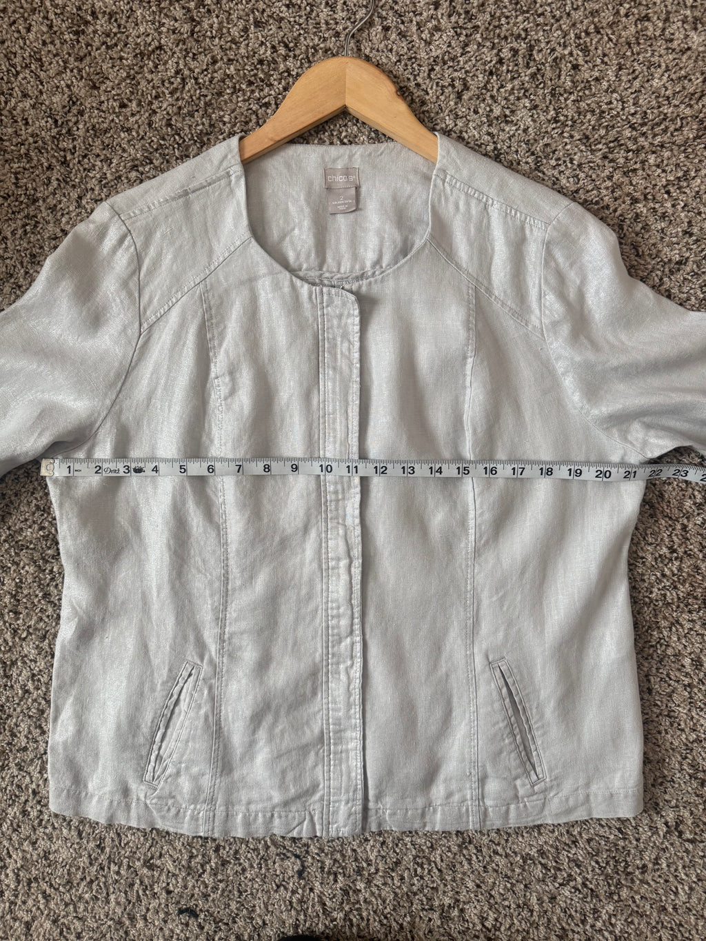 Chico's 100% Linen Size 2 (L, Size 12) Metallic Beige Zip Up Jacket