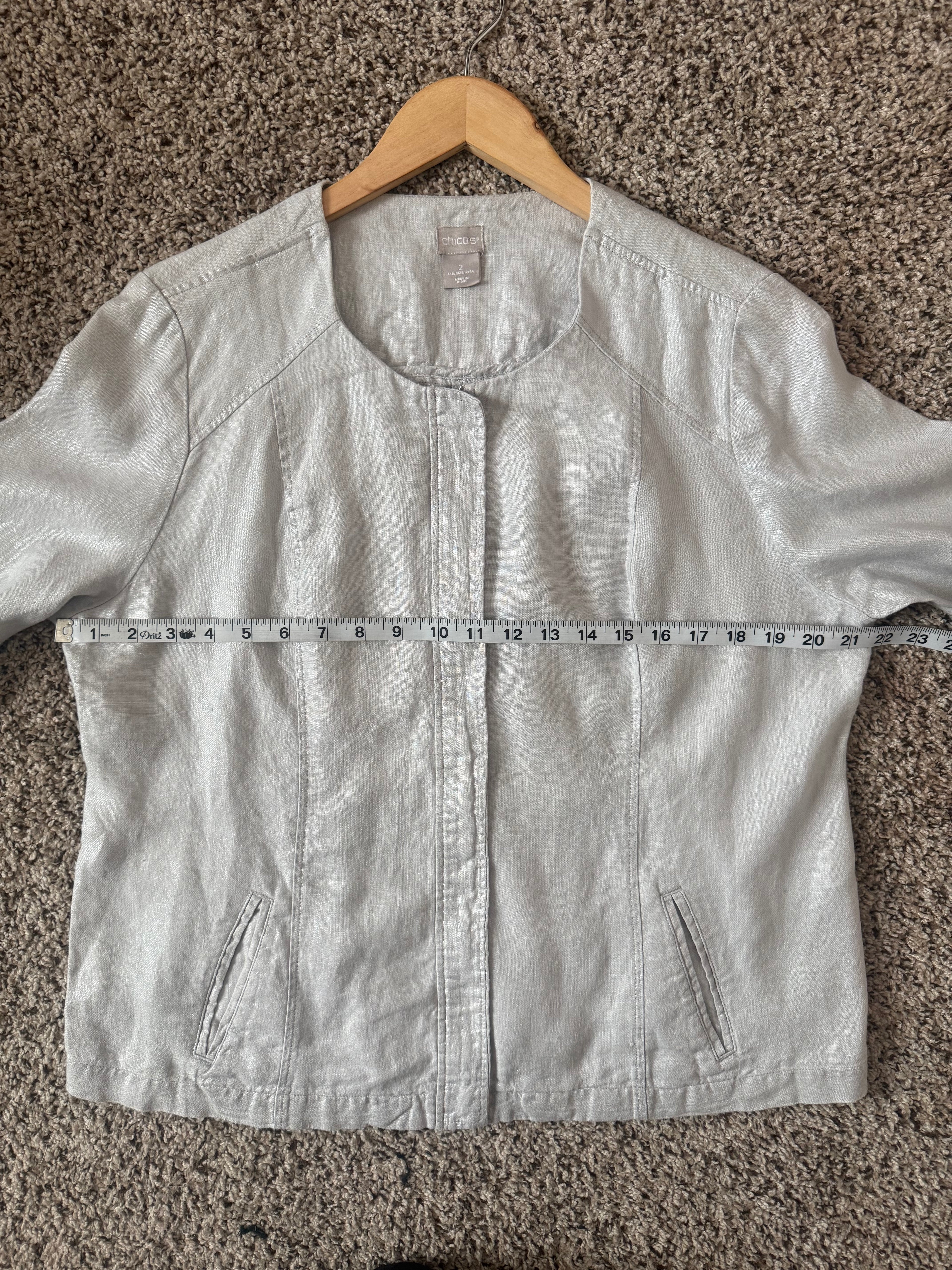 Chico's 100% Linen Size 2 (L, Size 12) Metallic Beige Zip Up Jacket