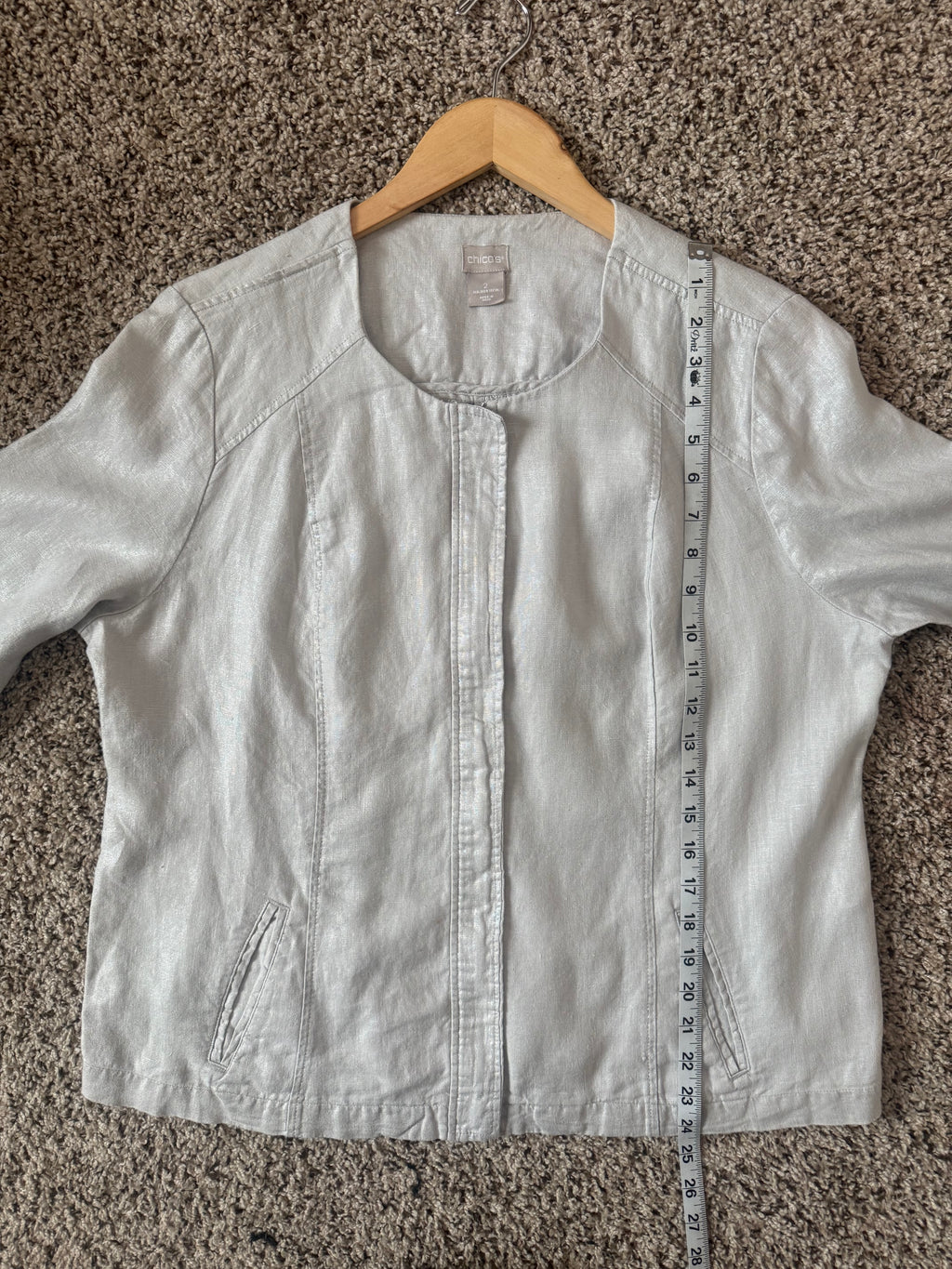 Chico's 100% Linen Size 2 (L, Size 12) Metallic Beige Zip Up Jacket