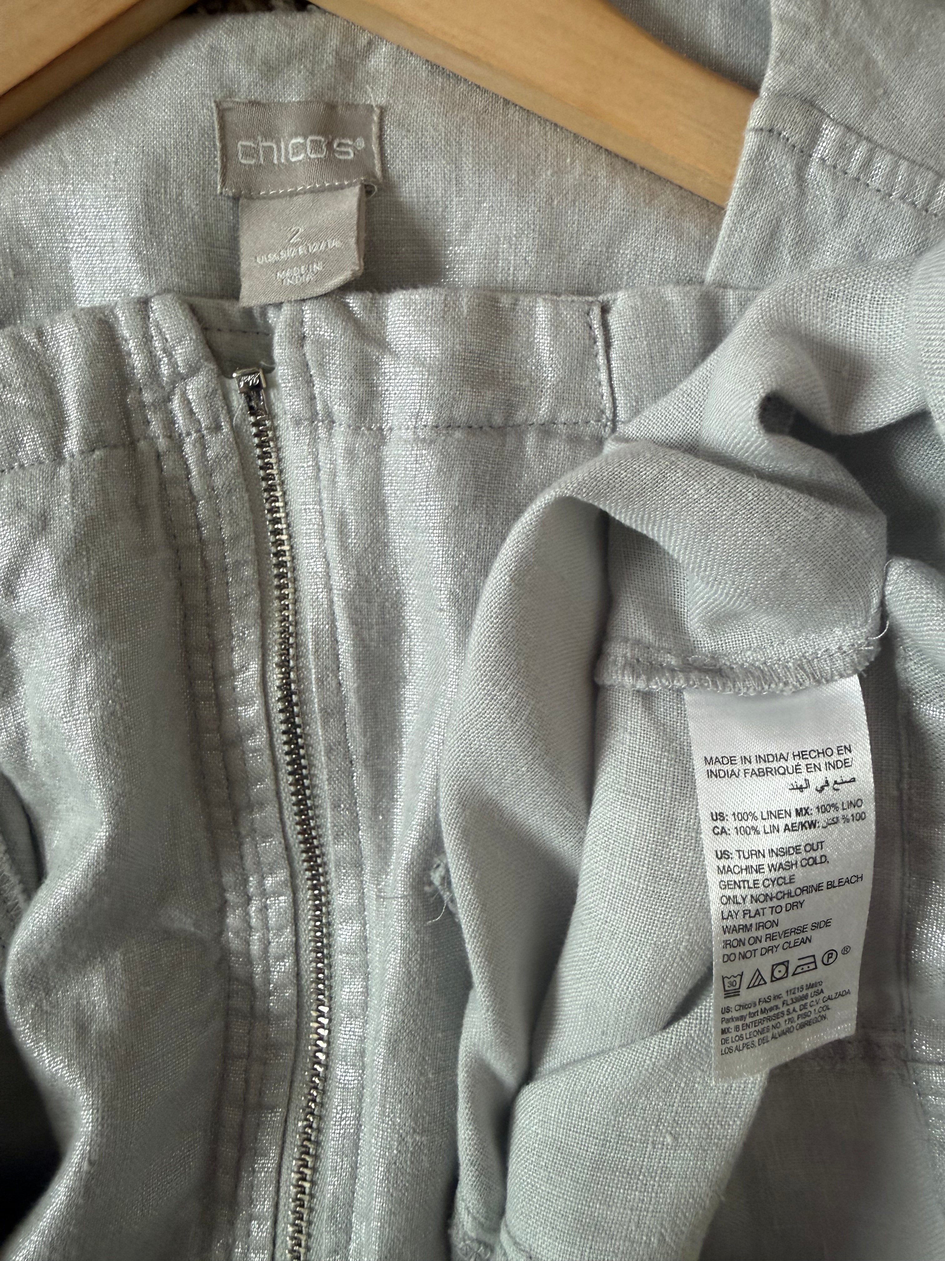 Chico's 100% Linen Size 2 (L, Size 12) Metallic Beige Zip Up Jacket