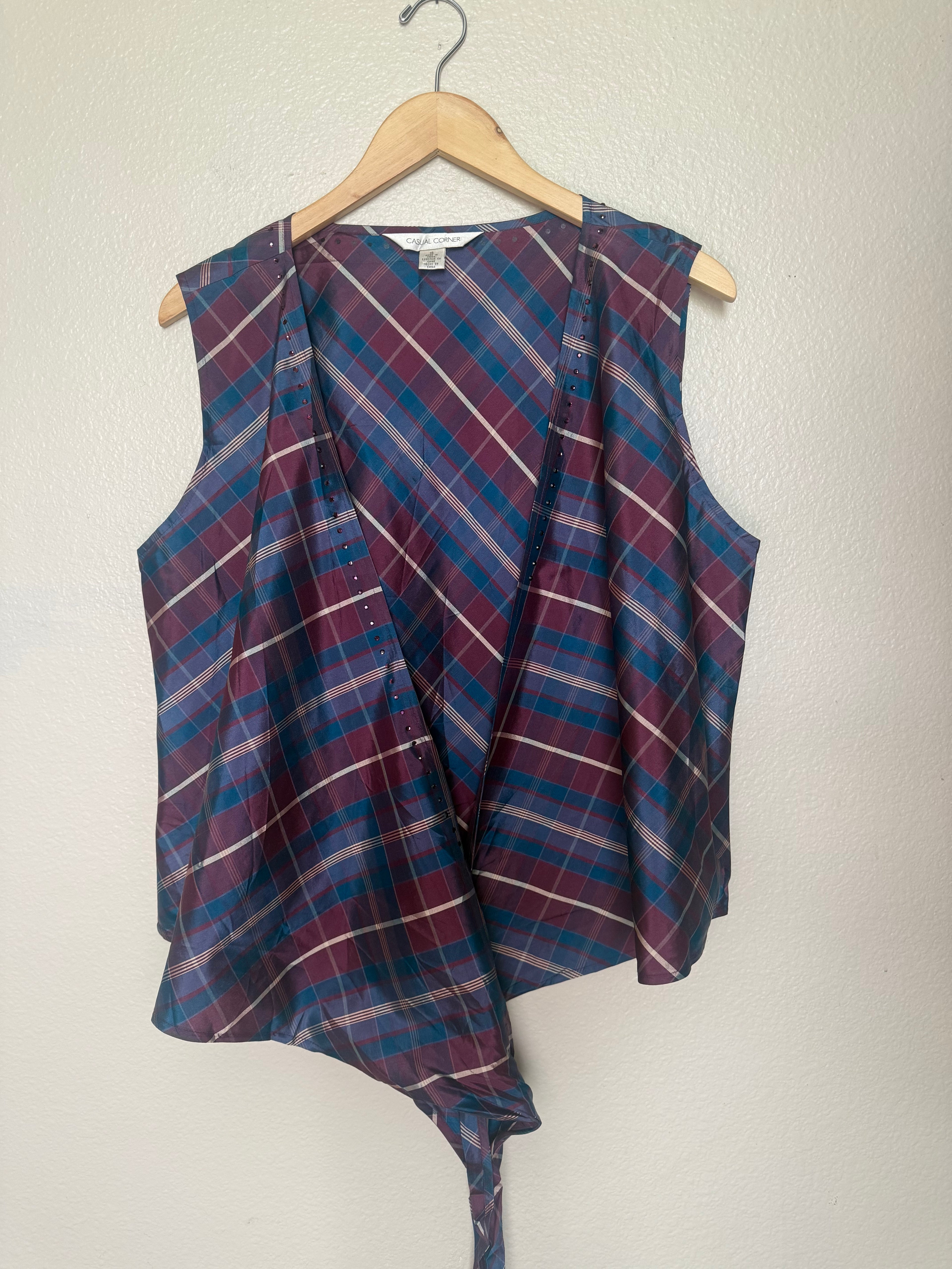 Casual Corner 100% Silk Size 16 Navy Maroon and Beige Plaid Tie Tank Top